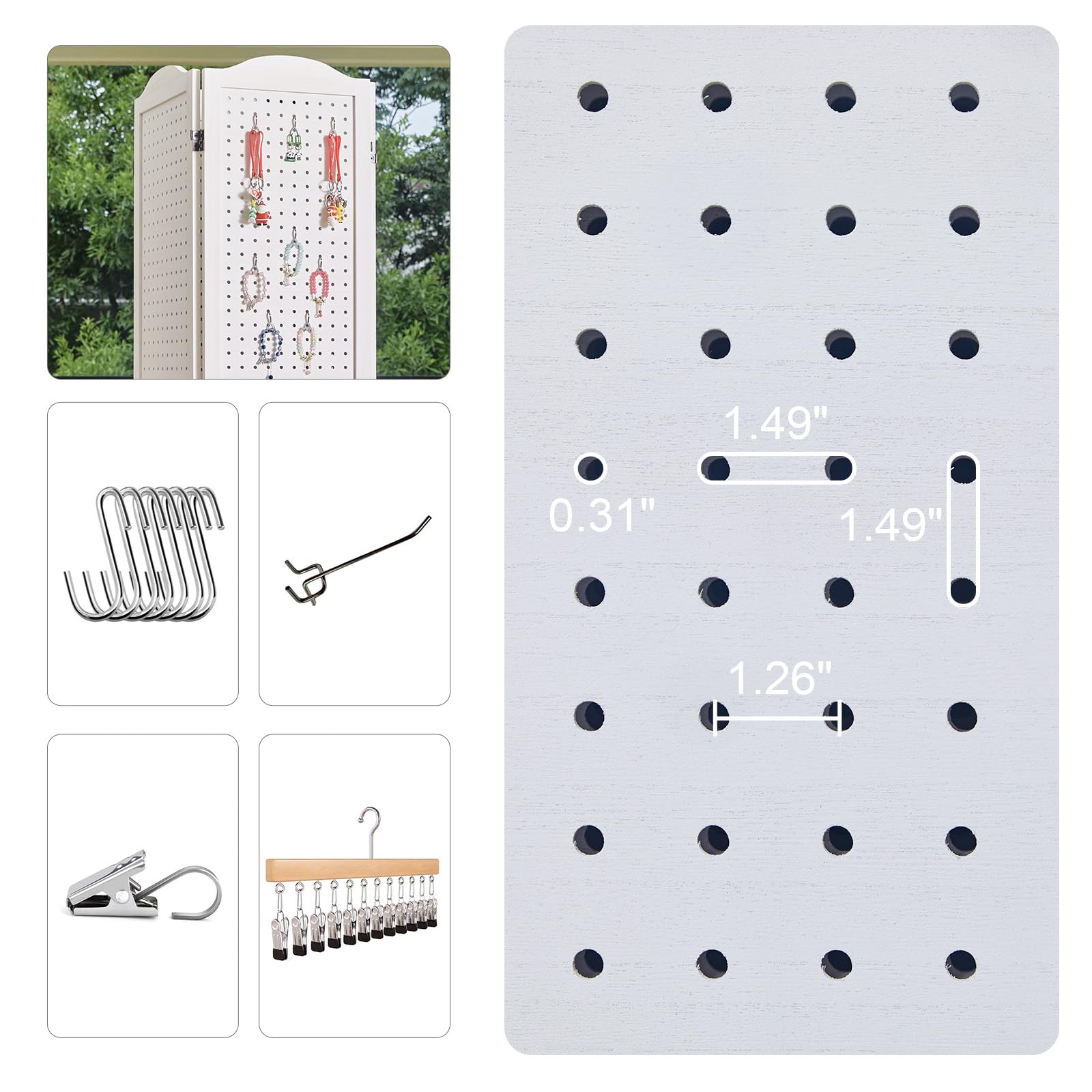 5.75Ft Wooden Freestanding 4-Panel Pegboard Display - Multifunctional Privacy Screen & Room Divider for Craft Fairs, Jewelry Displays, Trade Shows & Home Organization (White) - Perfect for Retail Stores, Craft Booths & Office Partitions