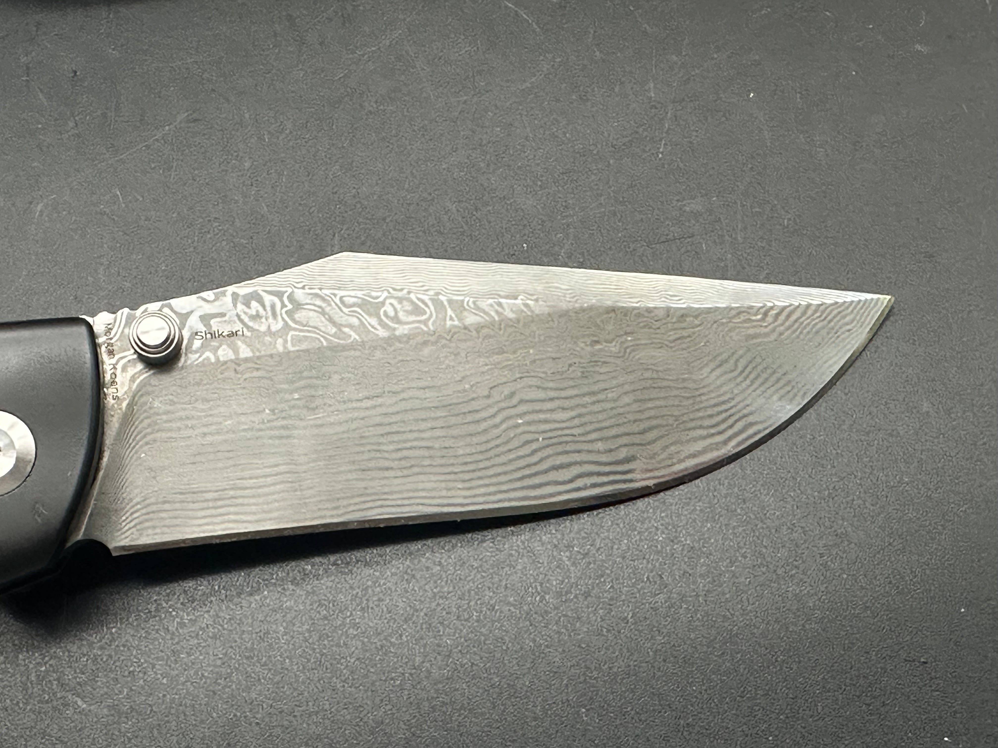 KANSEPT SHIKARI Folding Knife - Black Titanium Handle with Twill Carbon Fiber Inlay & Damascus Steel Blade - Plain Edge for Outdoor, Camping, and EDC Use