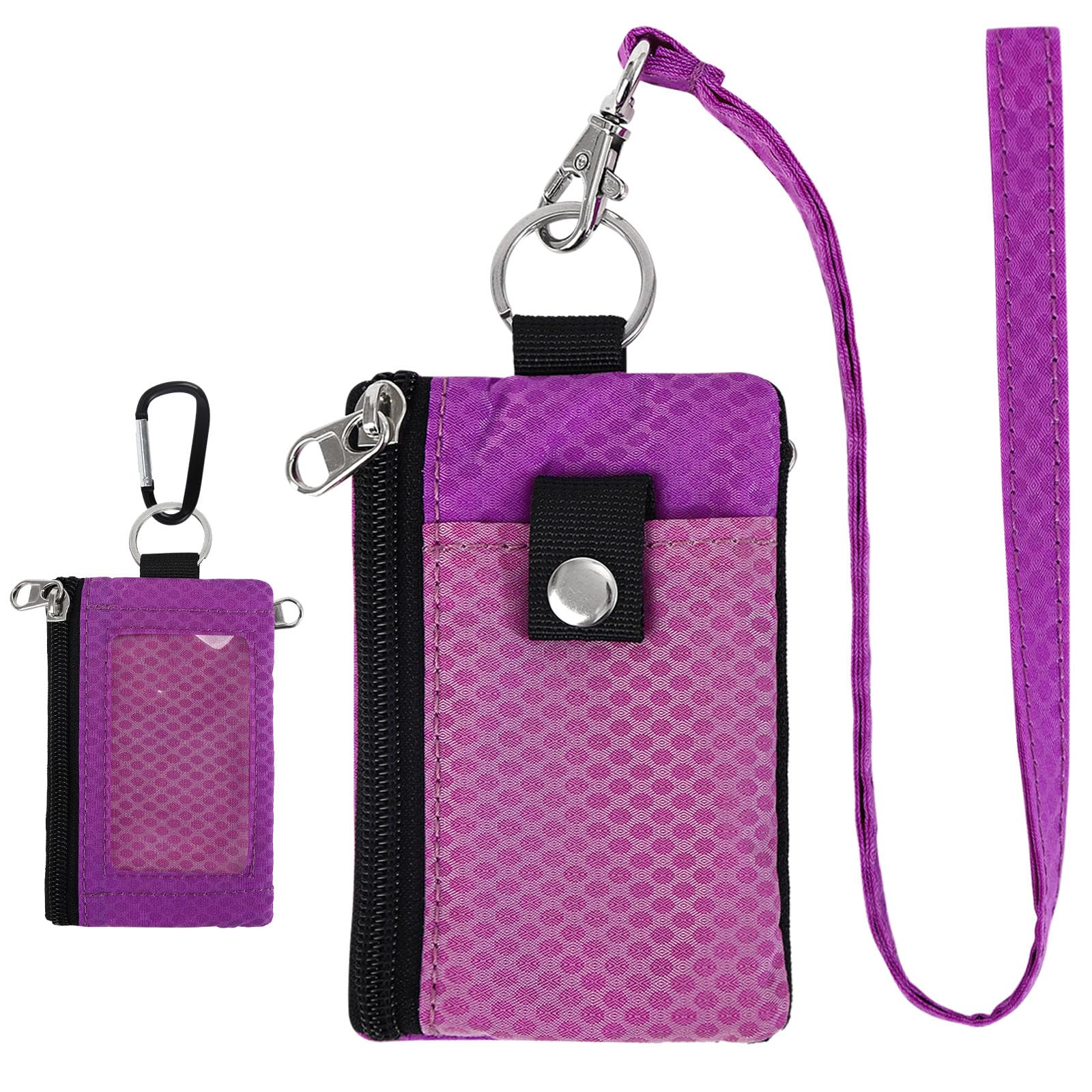 RFID Blocking Small Lanyard Wallet for Women & Men - Minimalist Nylon Zipper Pouch with ID Badge Holder & Keychain - Travel Neck Wallet for Cards, Coins, Cash (Pink-Purple-Fuchsia) - Perfect for Travel, Work, Events & Daily Use