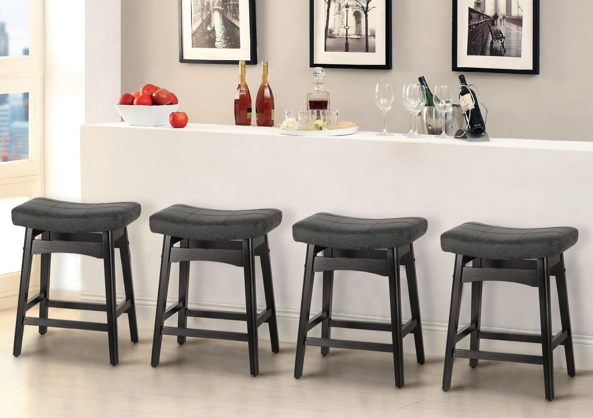 MAISON ARTS Black Counter Height Bar Stools Set of 4 - Solid Wood Legs with Faux Leather Saddle Seat - Farmhouse Style Kitchen Island Stools for 34