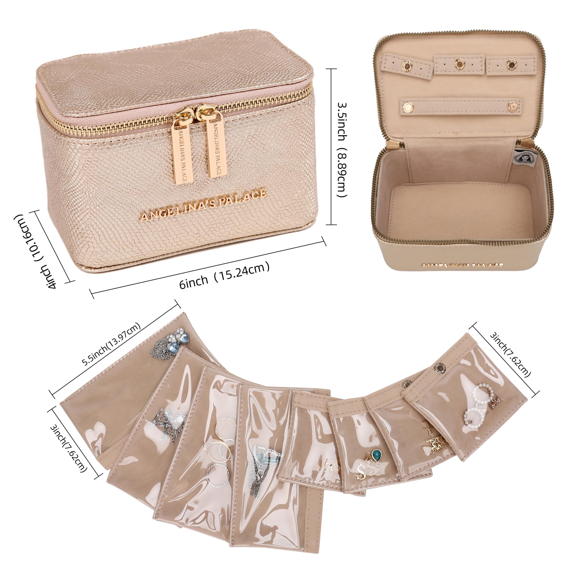 Angelina's Palace Snakeskin Pattern Jewelry Organizer Case - Vegan Leather Travel Jewelry Box for Necklaces, Earrings, Bracelets & Rings - Perfect Bridesmaid Gift & Wedding Accessory (Champagne)