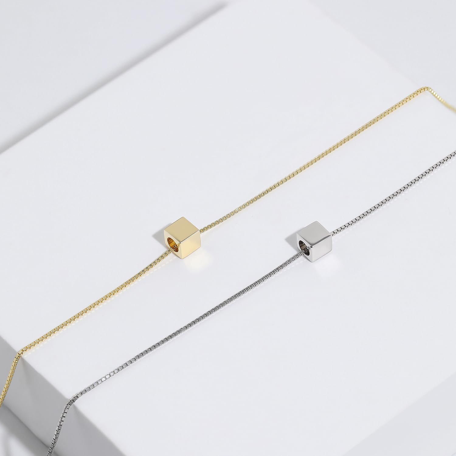 Meissa Sterling Silver Bracelet for Women - Gold Plated Cube Charm, Handmade Box Chain, Stackable Jewelry Gift (Silver) | Perfect for Everyday Wear, Layering & Special Occasions