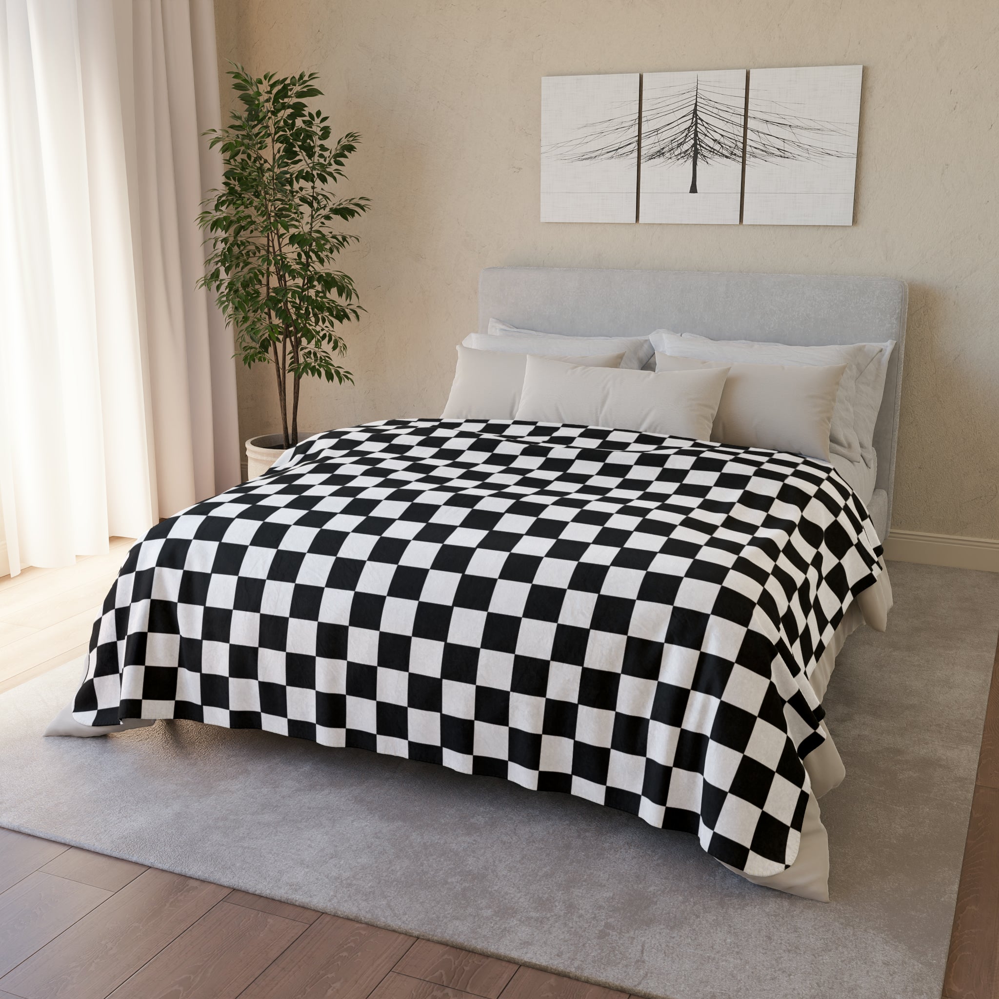 Black and White Checkered Fleece Sherpa Blanket - Soft Plaid Throw for Couch, Bed, Camping & Outdoor Use