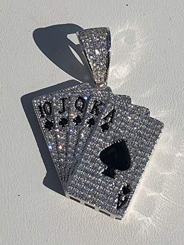 HarlemBling 925 Sterling Silver Iced Ace of Spades Pendant Necklace for Men - Lucky Royal Flush Charm - Perfect for Hip Hop Jewelry & Casino Night Outfits