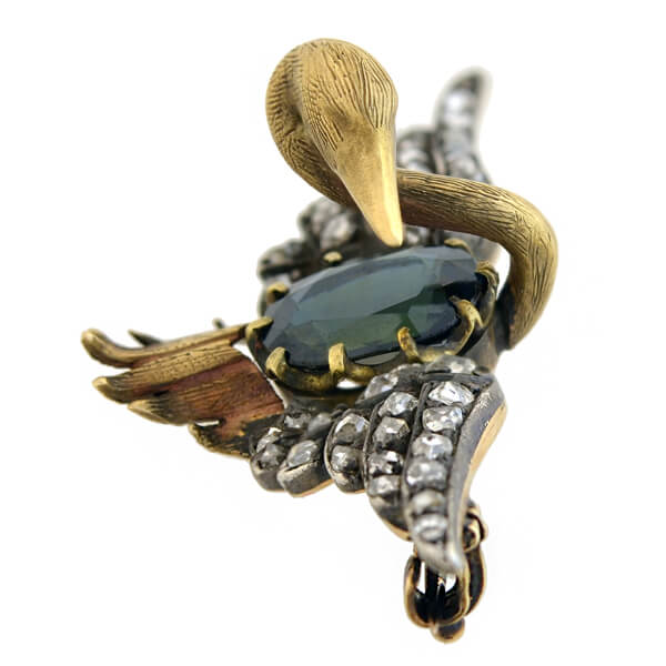 15kt Gold & Sterling Silver Victorian Sapphire Diamond Swan Brooch Pin - Elegant Vintage Jewelry for Weddings, Parties & Special Occasions