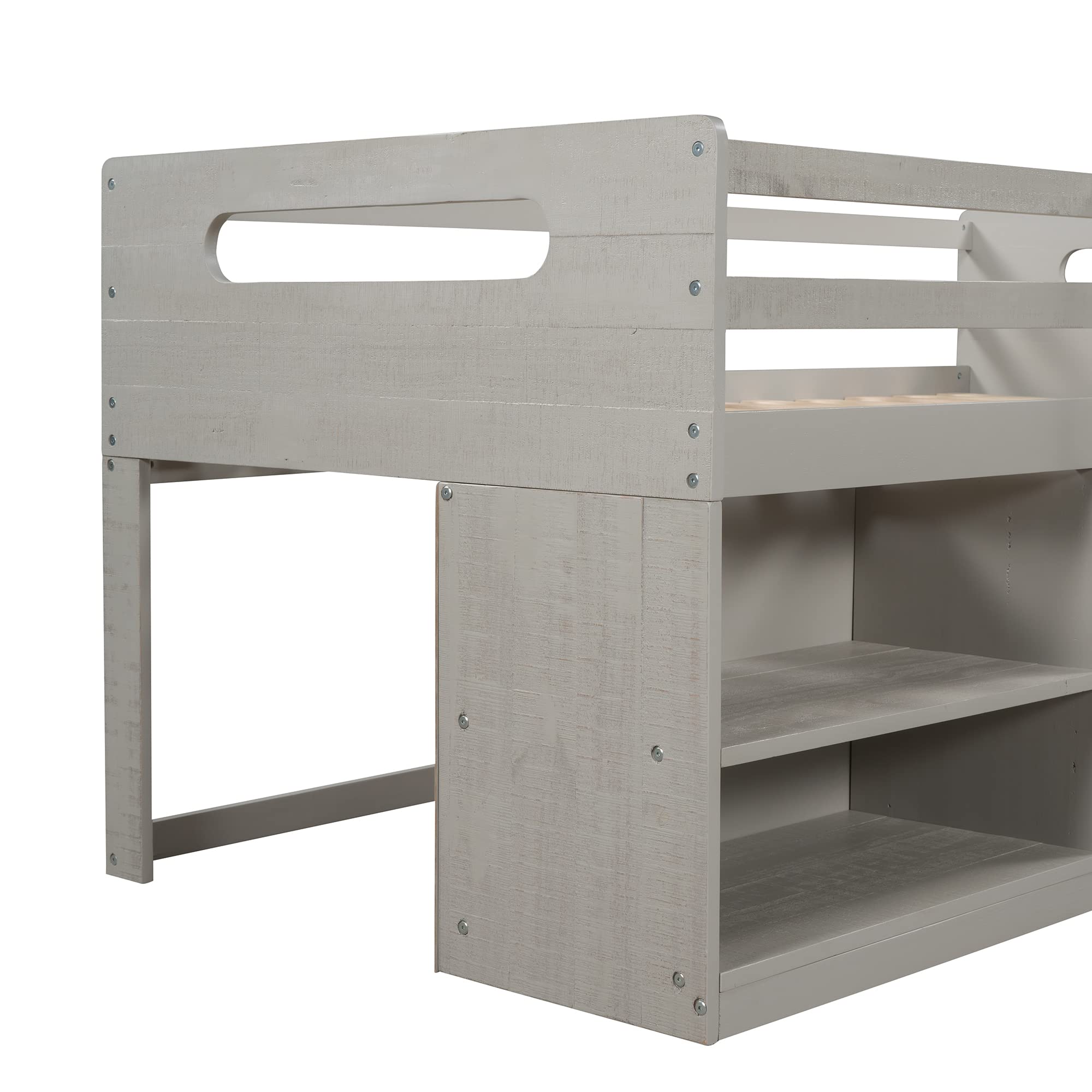 Low Loft Bed with Storage - Twin Size Wooden Loft Bed for Kids & Teens - Space Saving for Small Rooms (Antique Grey)