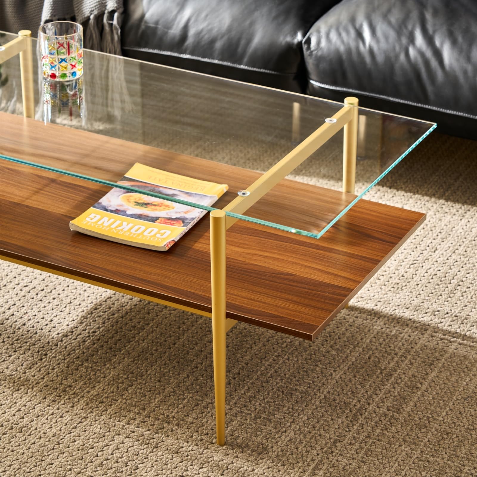 Saint Mossi Tadio Modern Glass Coffee Table - Clear Double Layer Design with Coffee Brown Bottom Shelf for Living Room | Perfect for Lounge, Family Gatherings & Home Decor