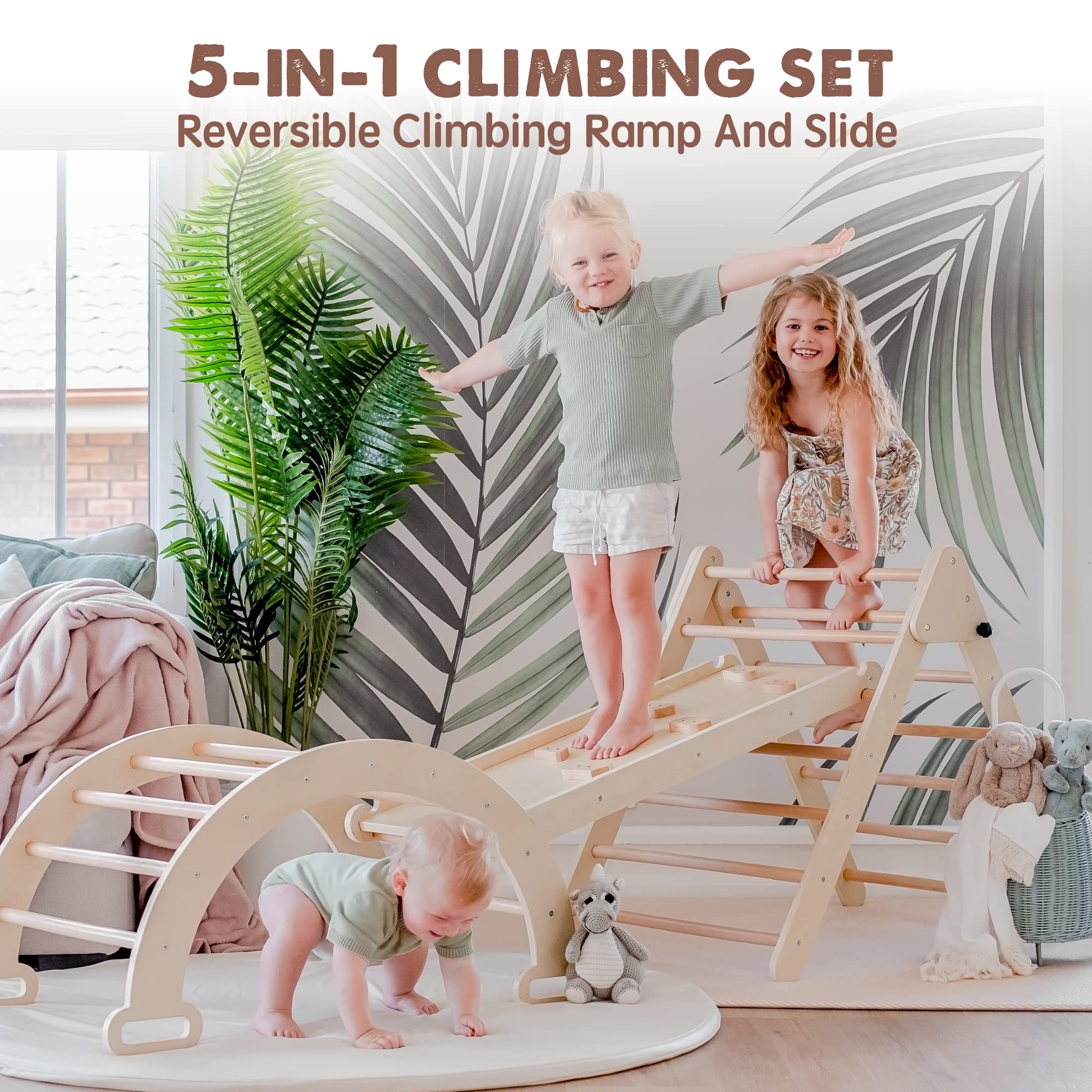 **Tiny Land 5-in-1 Foldable Pikler Triangle Set – Montessori Climbing Toy for Toddlers 2+ | Indoor Jungle Gym & Playground for Kids – Perfect for Home, Daycare & Playrooms**