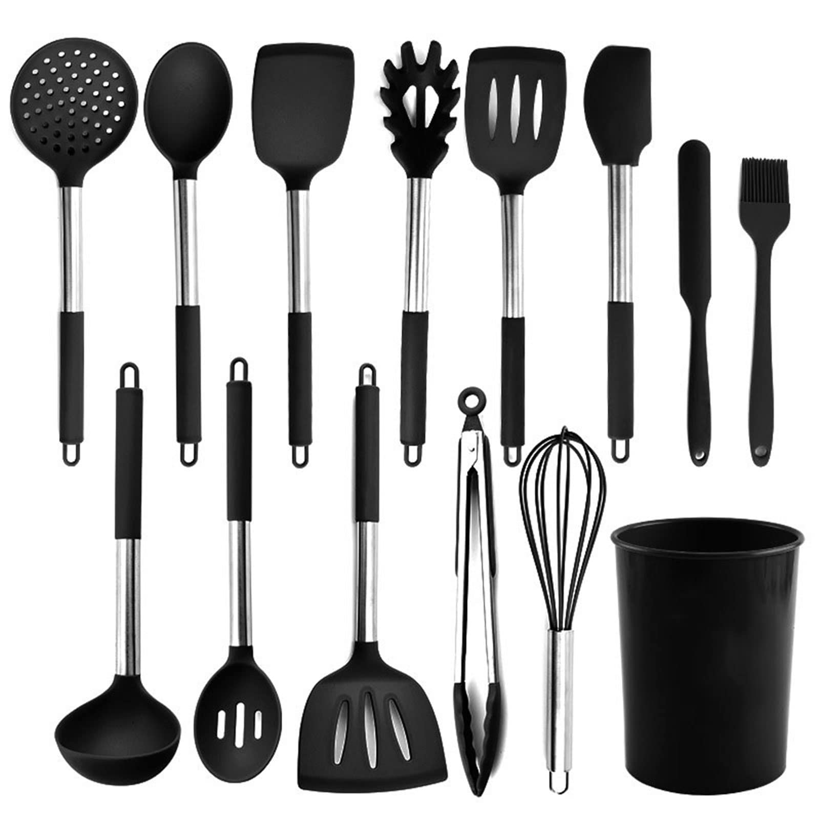 Premium 13-Piece Silicone Cooking Utensil Set with Stainless Steel Handles - Non-Stick, Heat Resistant Kitchen Tools for Baking, Frying & Cooking - Perfect Gift for Home Chefs (Black)
