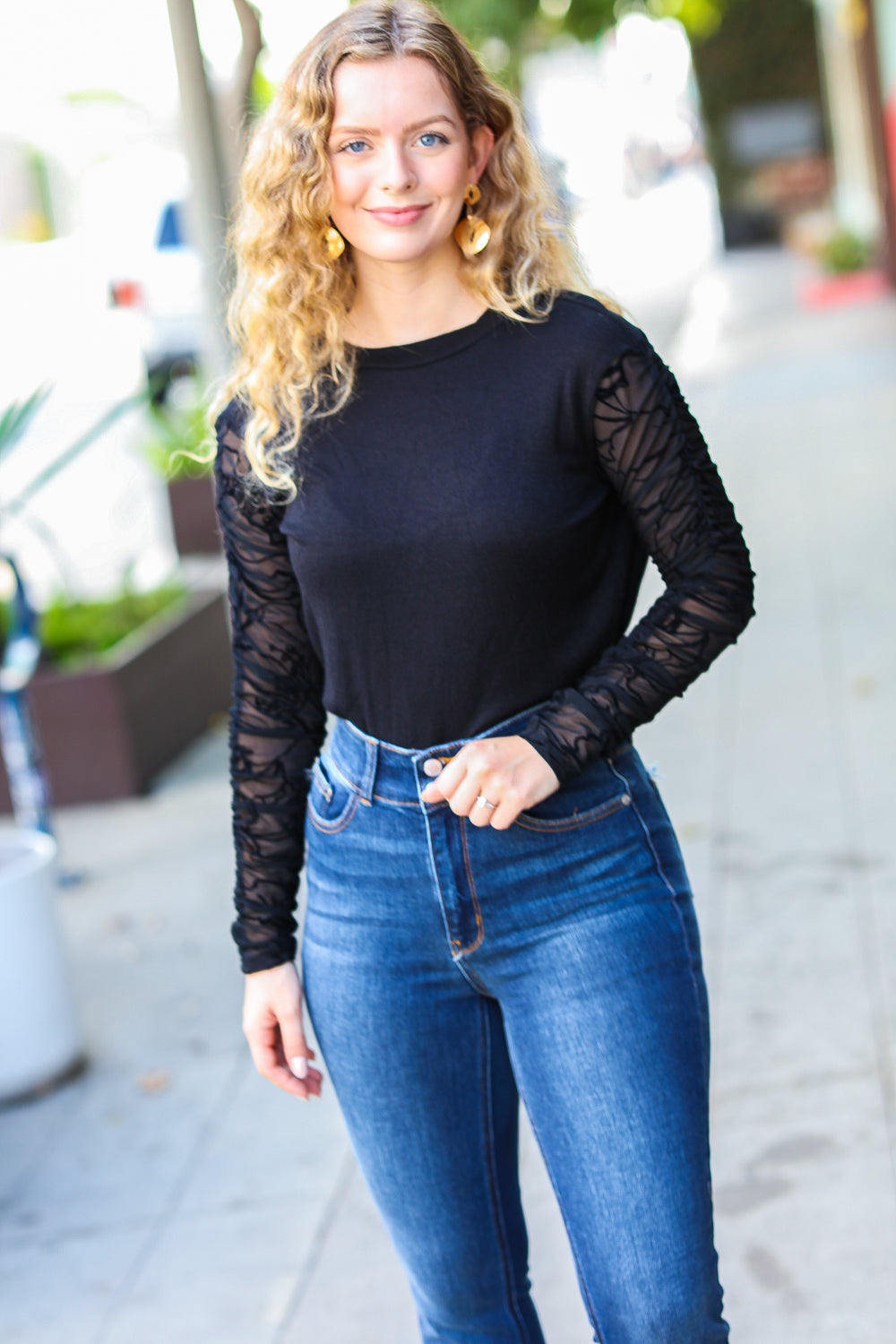 Black Shirred Velvet Mesh Blouse - Elegant Women's Fashion Top for Party & Evening Wear
