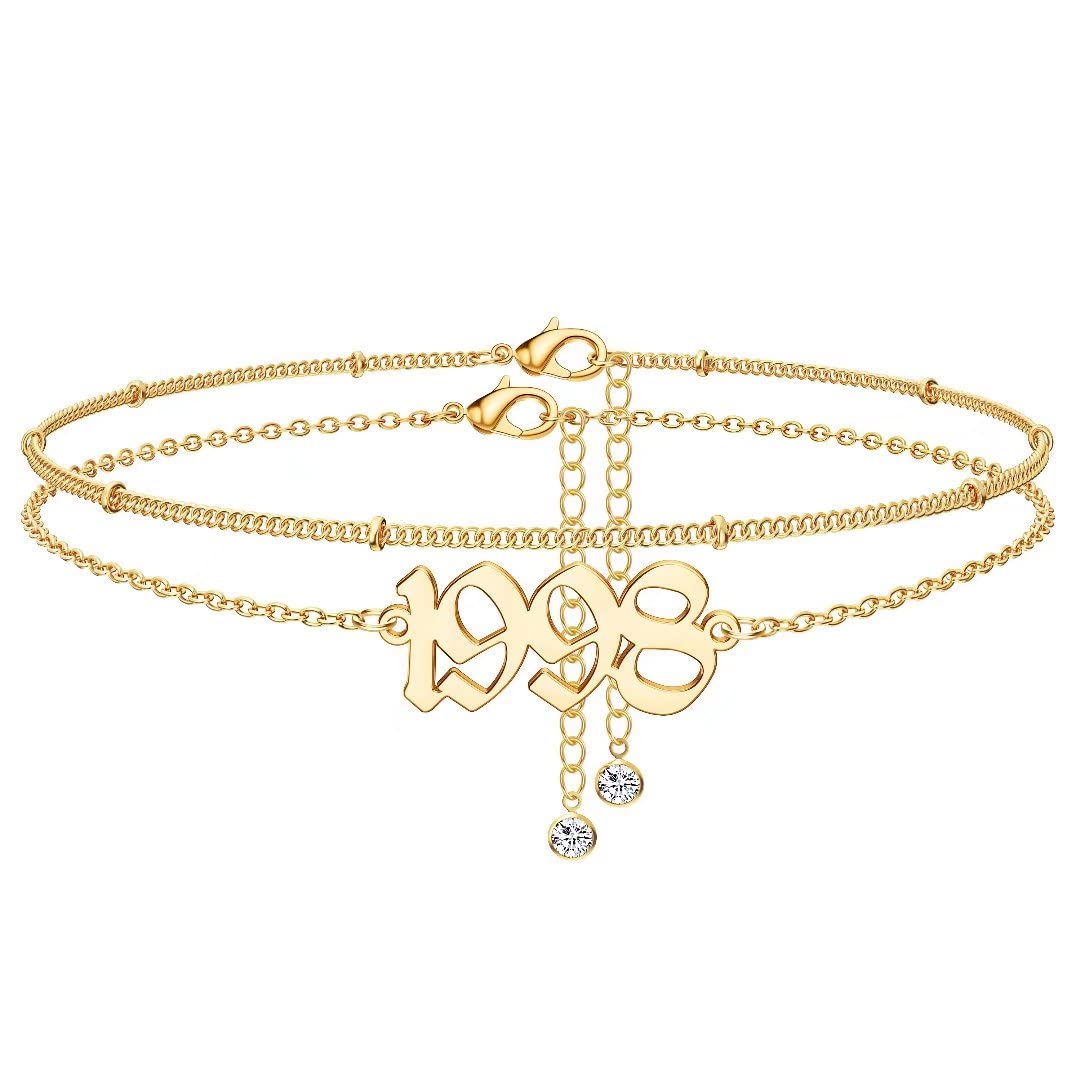 14K Gold Plated Birth Year Anklet - Women's Beach Jewelry Gift for 1970-2021 Birthdays & Anniversaries