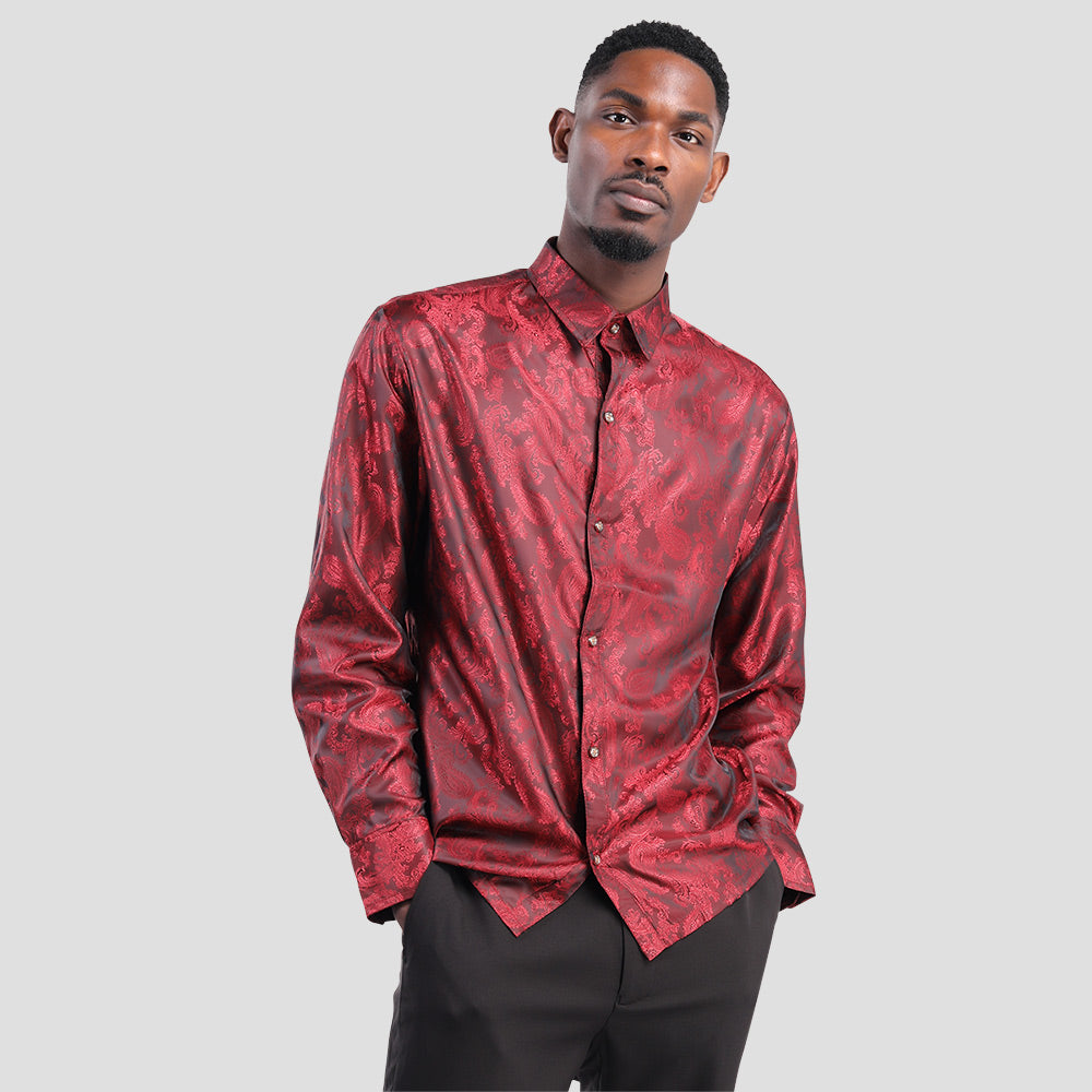 Slim Fit Embroidered Maroon Paisley Shirt for Men - Stylish Casual Button Down Shirt - Perfect for Office, Date Night & Special Occasions