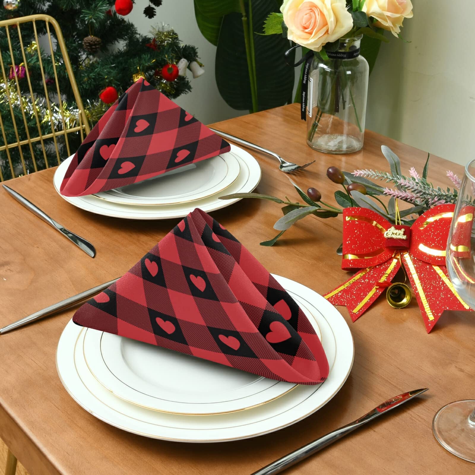 Valentine's Day Red Buffalo Check Heart Print Cloth Napkins - Set of 6 Premium 20