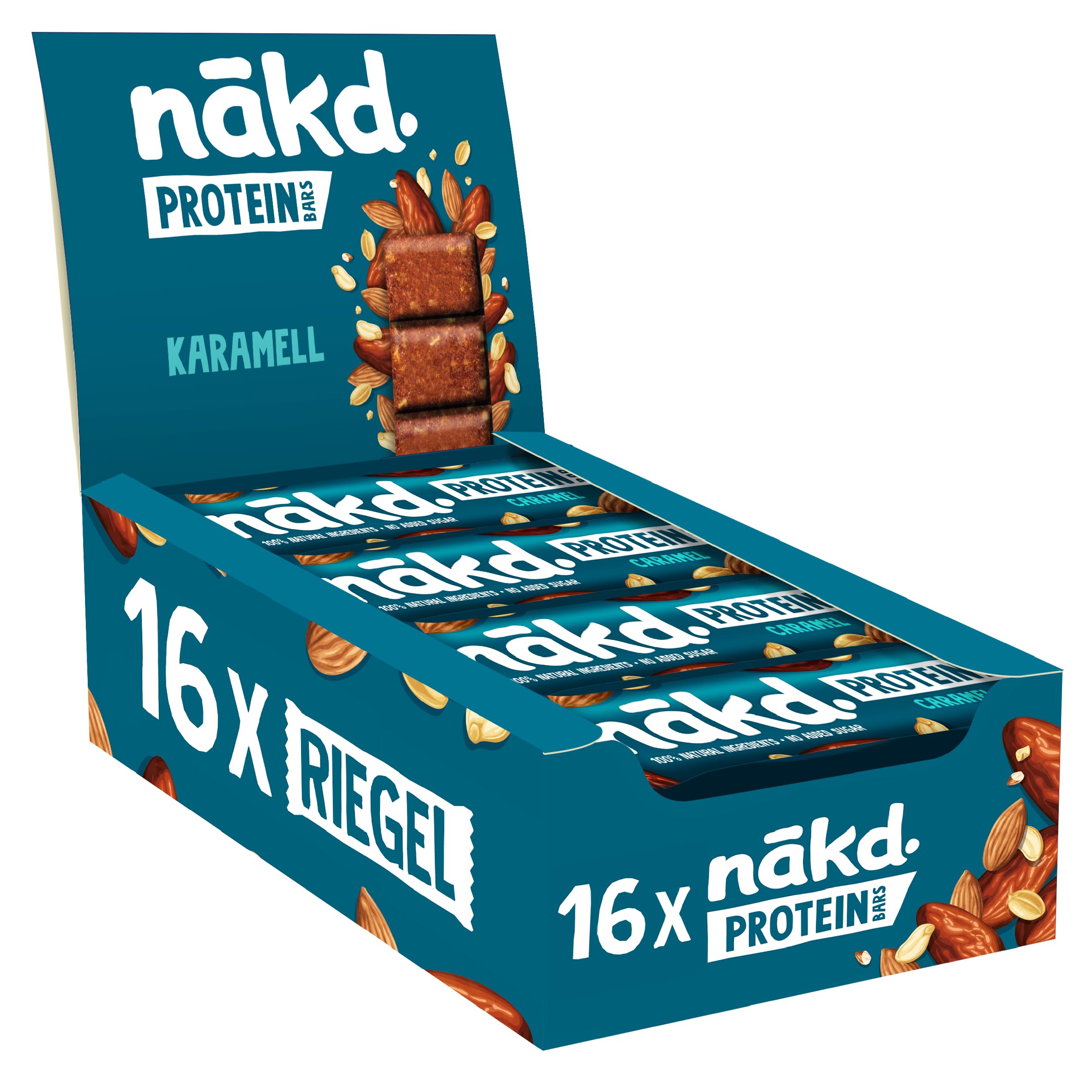 Nākd. Protein Caramel Bar | Plant-Based Protein Snack | 7g Vegan Protein | 100% Natural Ingredients | No Added Sugar | Vegan & Gluten-Free | 16 x 45g (720g Pack) | Perfect for Post-Workout, Hiking & Healthy On-the-Go Snacking