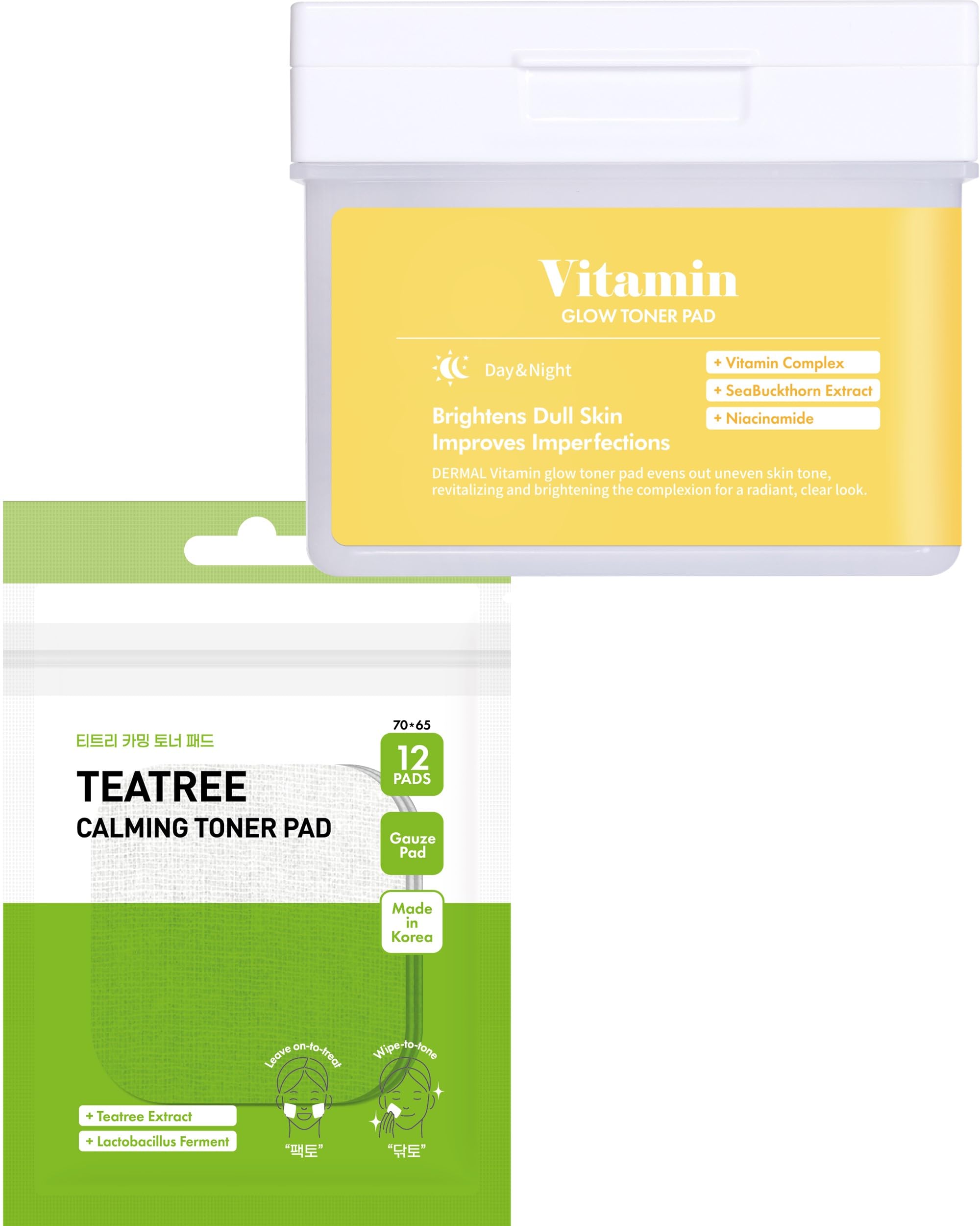 Dermal Tea Tree Calming Toner Pads & Vitamin Toner Pads Travel Kit Set - Soothing Acne Treatment for Oily & Sensitive Skin | Perfect for Travel, Gym & On-the-Go Skincare