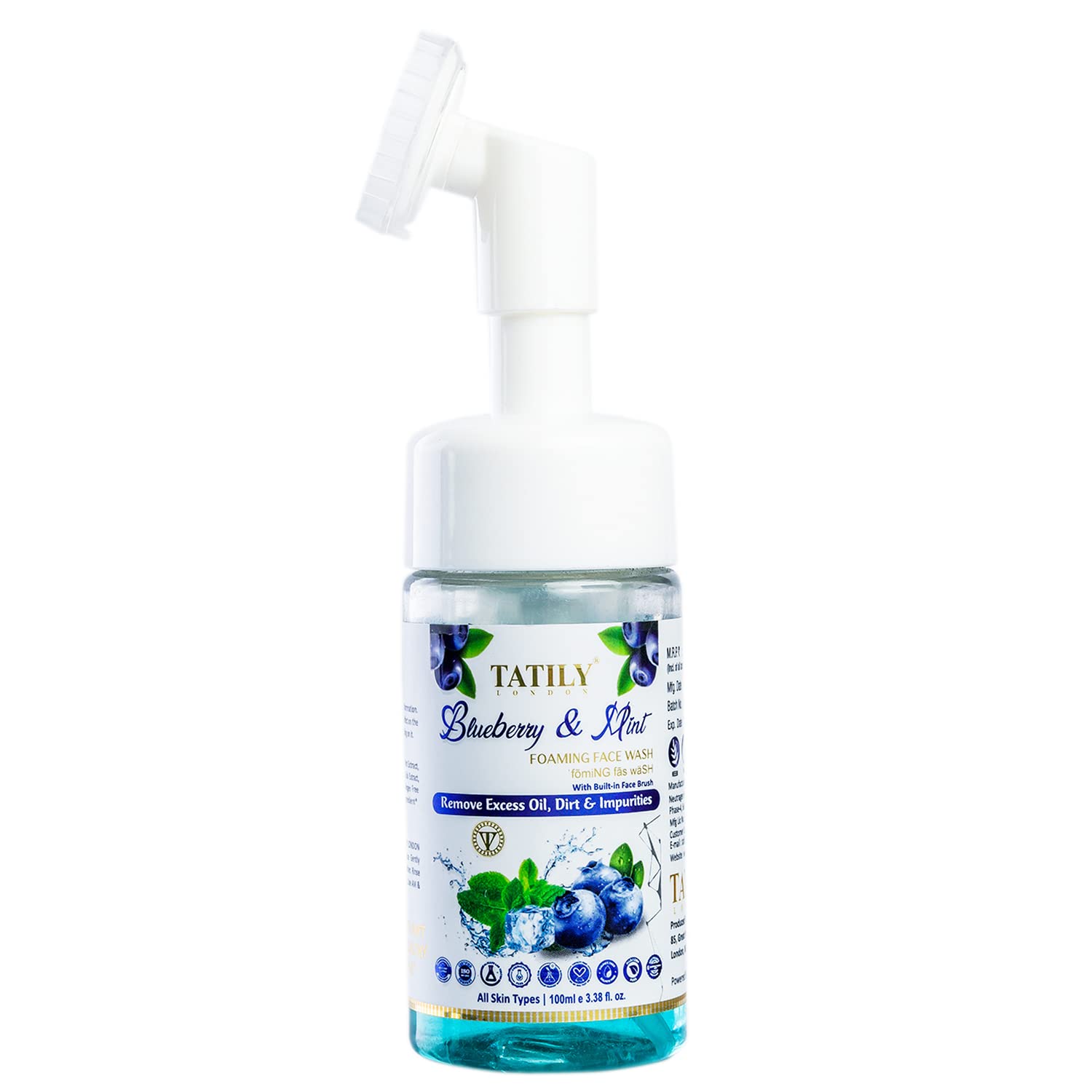 Tatily Blueberry & Mint Foaming Face Wash with Built-In Brush - Hydrating & Brightening Facial Cleanser for Men & Women - 100ml - Perfect for Daily Skincare & Travel