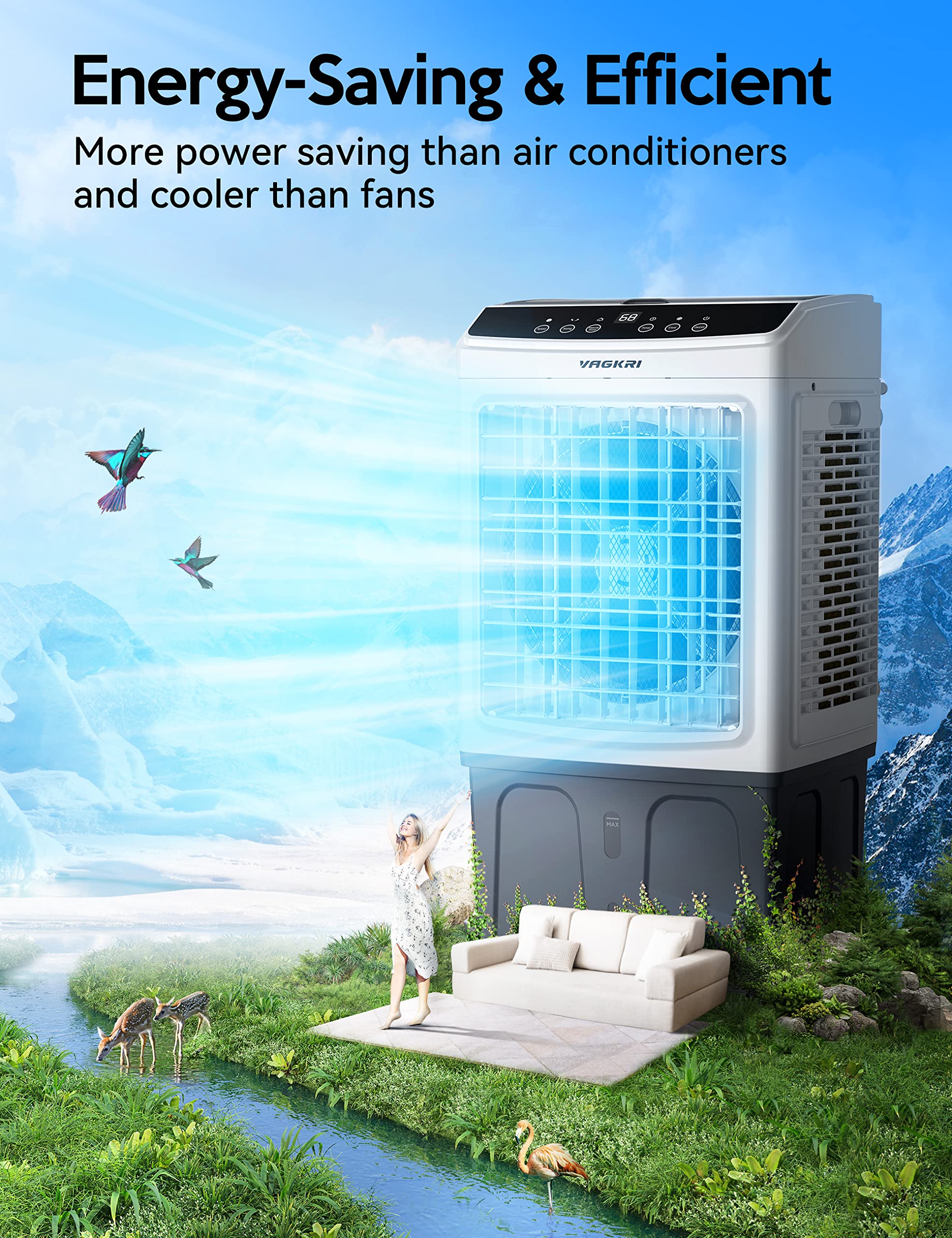 VAGKRI 2200CFM Evaporative Air Cooler with Remote Control - 120° Oscillation, 24H Timer, 3 Speed Modes - 9.2 Gallon Water Tank for Indoor & Outdoor Cooling - Perfect for Home, Office, Patio, and Garage Use