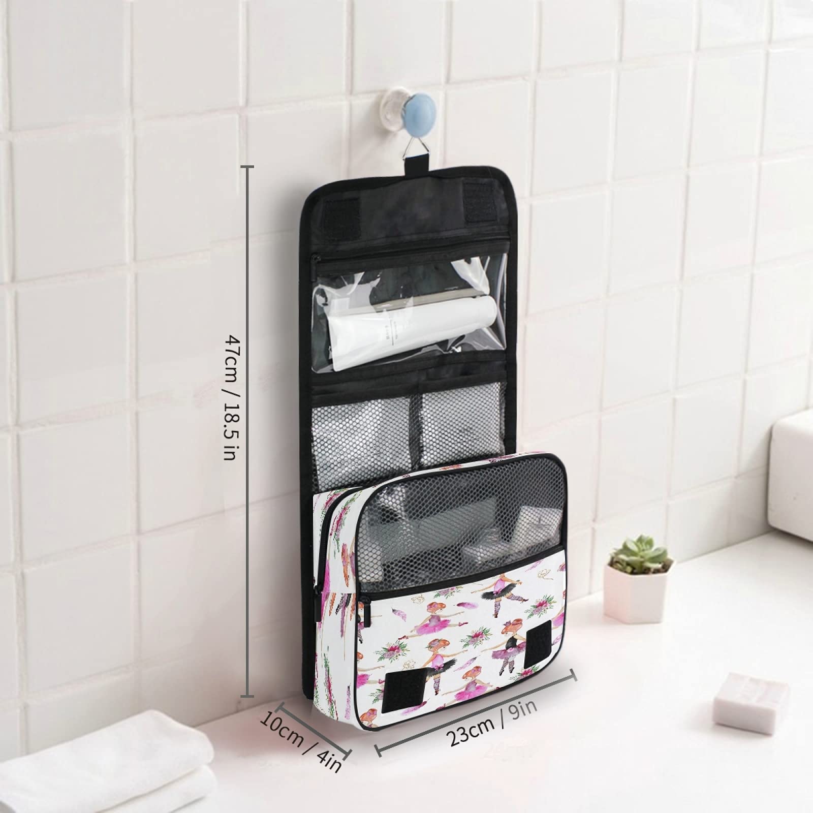 AUUXVA Hanging Toiletry Bag for Women - Floral Cosmetic Organizer with Hook, Portable Travel Makeup Bag for Bathroom & Gym, Waterproof Ballerina Dancing Flower Design - Perfect for Travel, Camping & Daily Use