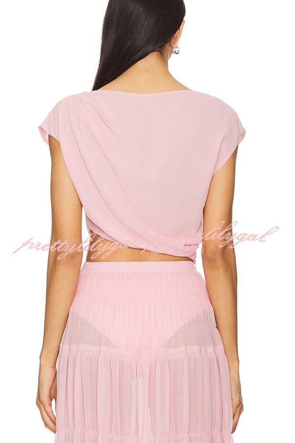 Elegant Chiffon Ruched Shoulder Short Sleeve Crop Top Women's Fashion Blouse for Summer Outfits, Date Night & Party Wear