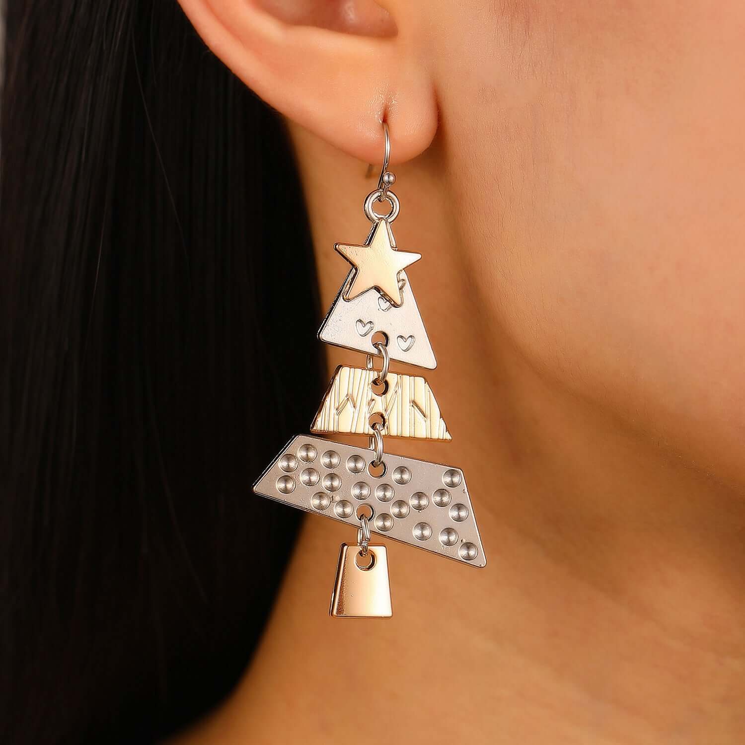 Christmas Tree Xmas Star 2-Tone Dangle Earrings for Women | Holiday Party Jewelry Gift | D1248 | Perfect for Christmas Celebrations & Festive Outfits