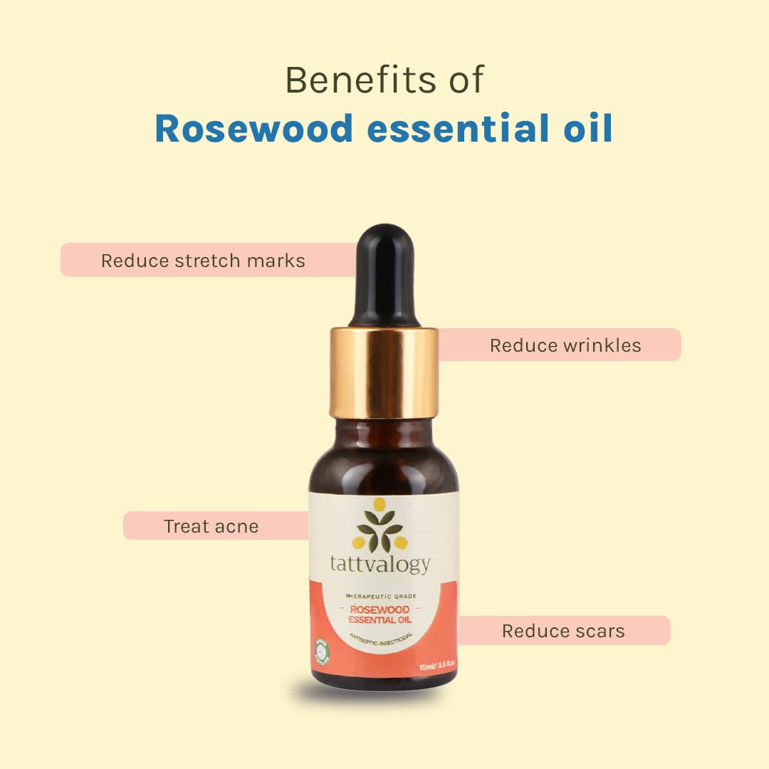 Tattvalogy Therapeutic Rosewood Essential Oil | 100% Pure Natural Undiluted Steam Distilled Dalbergia Sissoo | Antiseptic & Insecticidal Properties | Promotes Healthy Skin, Body & Mind | 15ml Glass Bottle | Perfect for Aromatherapy, Massage & DIY Skincare
