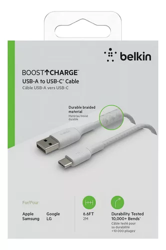 Belkin Braided USB-C to USB-A Cable 6.6ft (2M) White - Fast Charging & Data Sync for iPhone, Android, MacBook, PC & More