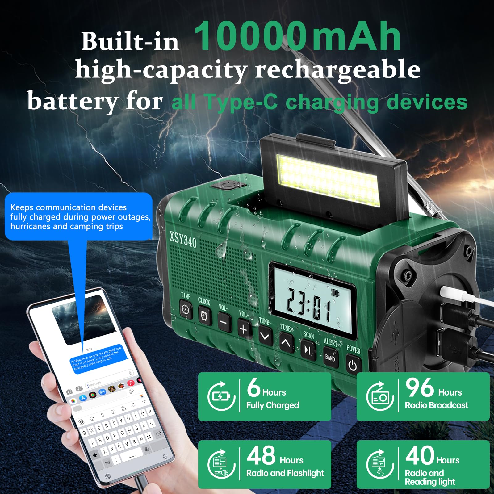 Emergency Weather Alert Radio - AM/FM/NOAA Portable Radio with Hand Crank, Solar & USB-C Charging, 10000mAh Power Bank, Battery Backup, Phone Charger, LCD Display with Clock & Alarm, 3W Flashlight & Reading Lamp, SOS Survival Kit for Camping, Hiking & Emergency Preparedness