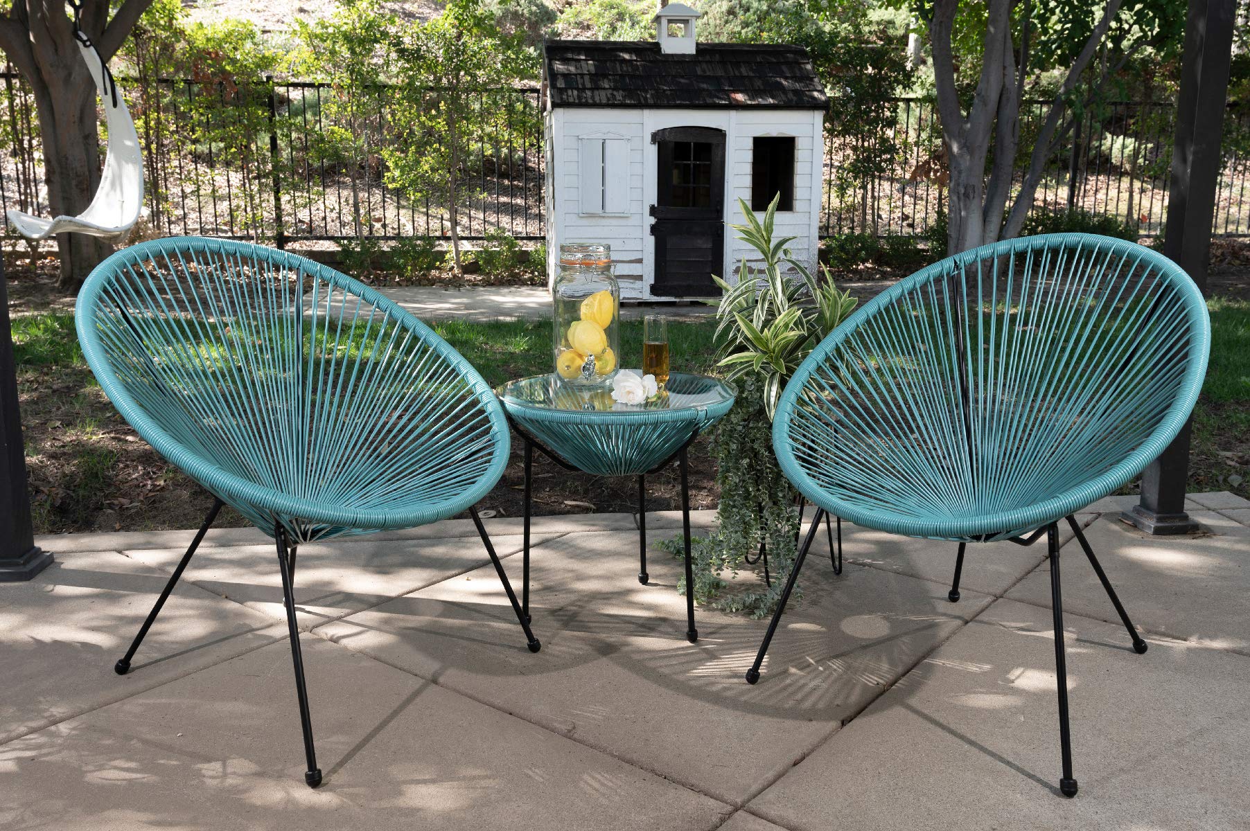 Barton 3-Piece Acapulco Chair Set with Glass Table - Aqua Blue Outdoor Patio Furniture, Wicker Rattan Modern Conversation Seating for Garden, Poolside & Backyard Relaxation