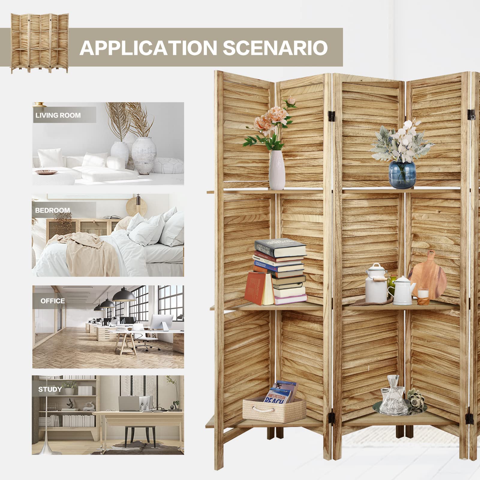 ECOMEX 6 Panel Wood Folding Room Divider Screen with Shelves - Freestanding Partition with Display Shelves, Easy to Move (Natural Color) - Perfect for Home Office, Living Room & Bedroom Privacy