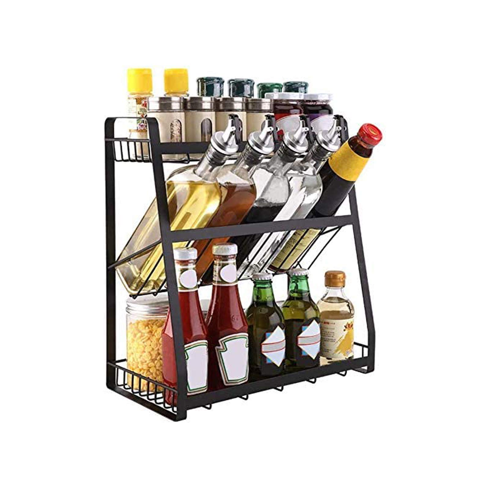 3-Tier Metal Spice Rack Organizer - Standing Kitchen Seasoning Shelf for Spice Bottles, Vegetable & Fruit Storage Basket - Multi-Purpose Jar Organizer for Pantry, Countertop & Cabinet Organization