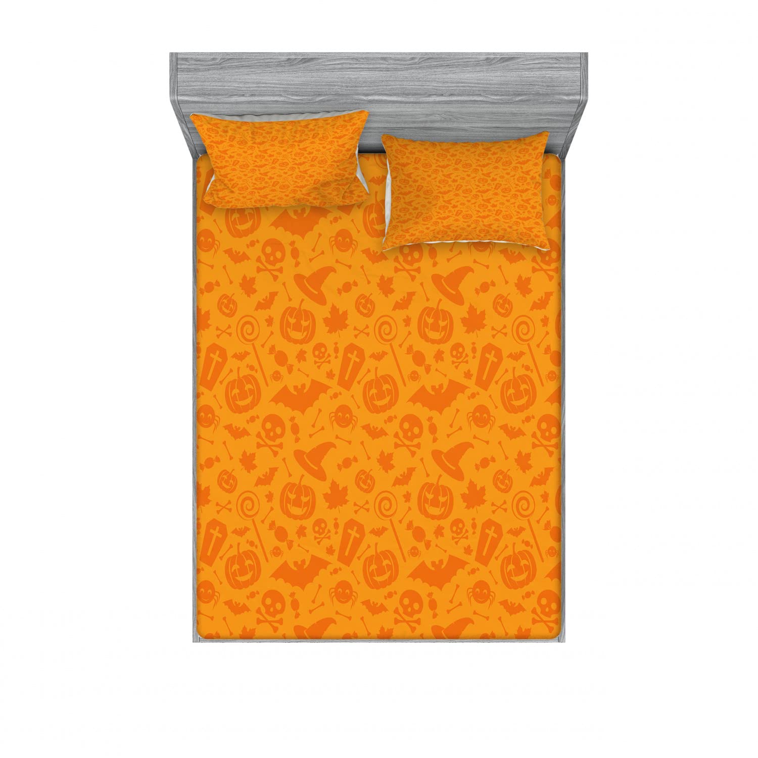 Ambesonne Halloween Pumpkin Skull King Size 2-Pack Fitted Sheet & 4-Piece Pillow Sham Set - Orange Bedding Decor for Spooky Home Decor, Themed Parties & Seasonal Bedroom Makeover
