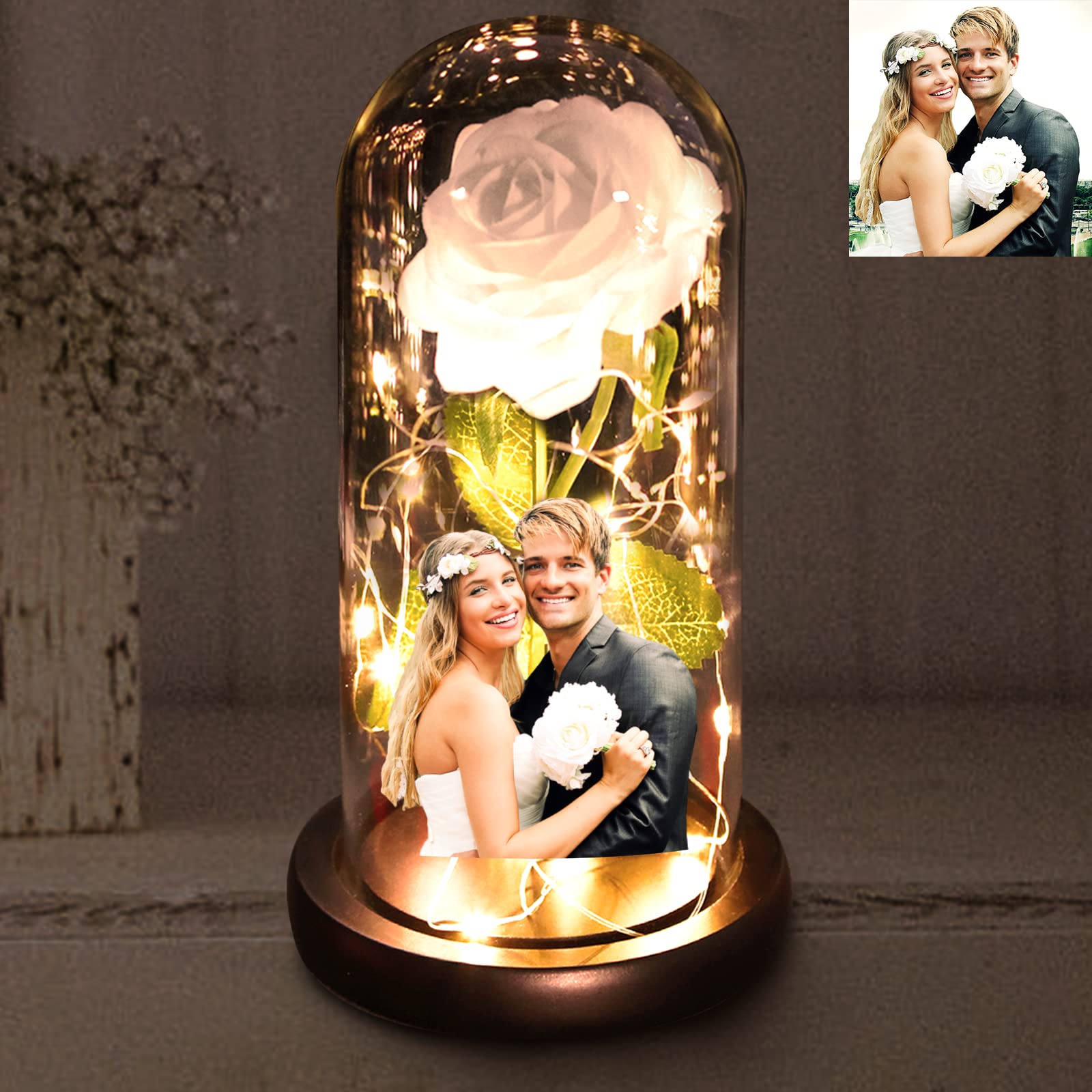Custom Beauty and The Beast Rose Night Light - Personalized Glass Dome Photo Lamp - Unique Wedding Anniversary Gift & Home Decor for Bedroom, Valentine's Day, Christmas Party