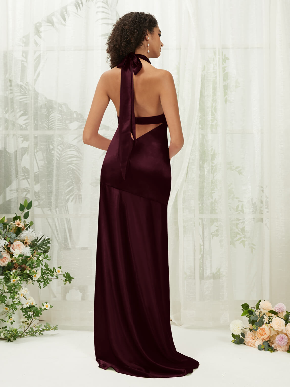 Elegant Cabernet Satin Halter Neck Sleeveless Maxi Dress with High Slit - Perfect for Bridesmaids, Evening Gowns & Formal Events