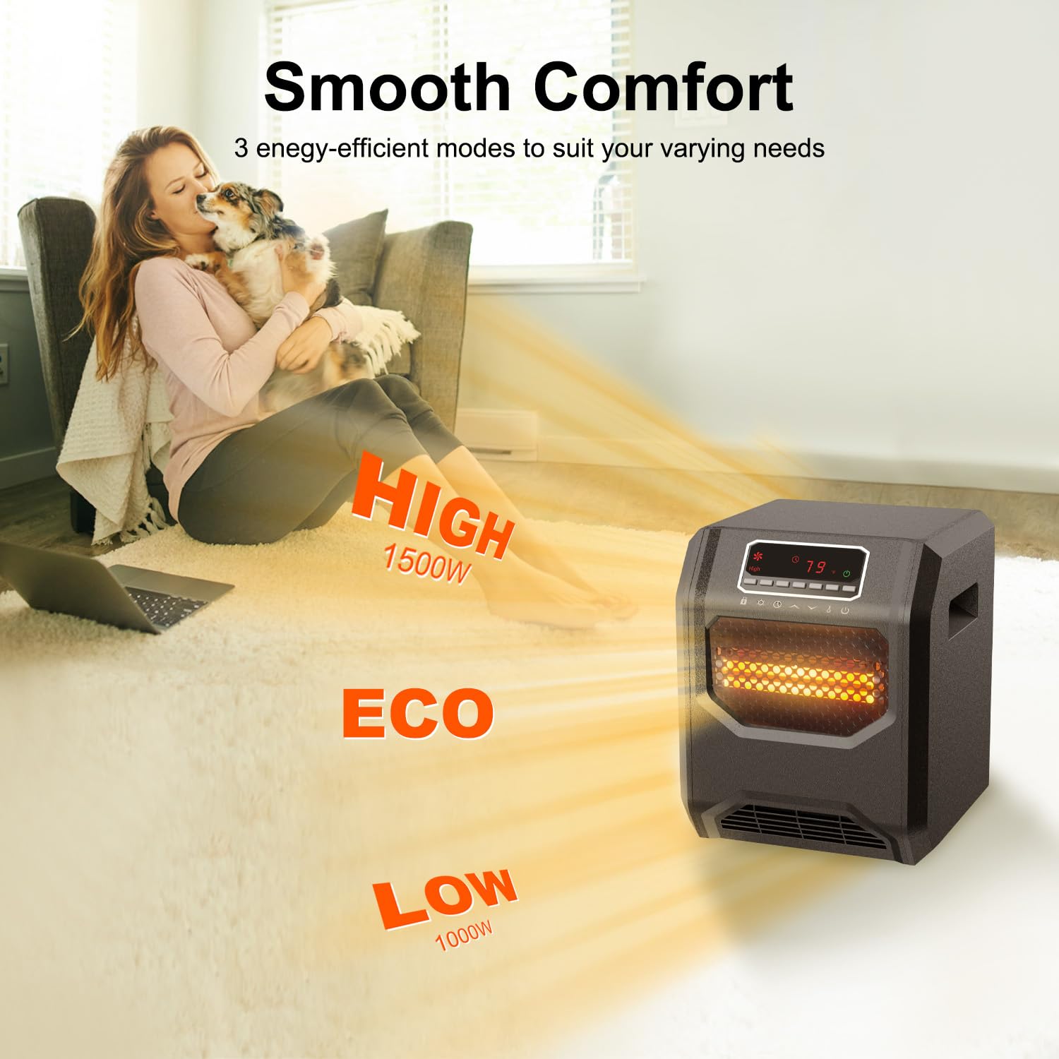 WEWARM 1500W Infrared Space Heater with 6 Quartz Heating Elements - 3 Modes, Child Lock, Timer & Remote Control - Energy Efficient Indoor Electric Heater for Bedroom, Office & Living Room