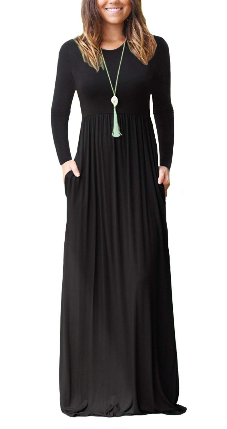 EUOVMY Women's Long Sleeve Maxi Dress - Loose Fit Casual Long Dress with Pockets for Fall & Winter | Perfect for Daily Wear, Office, Travel & Special Occasions