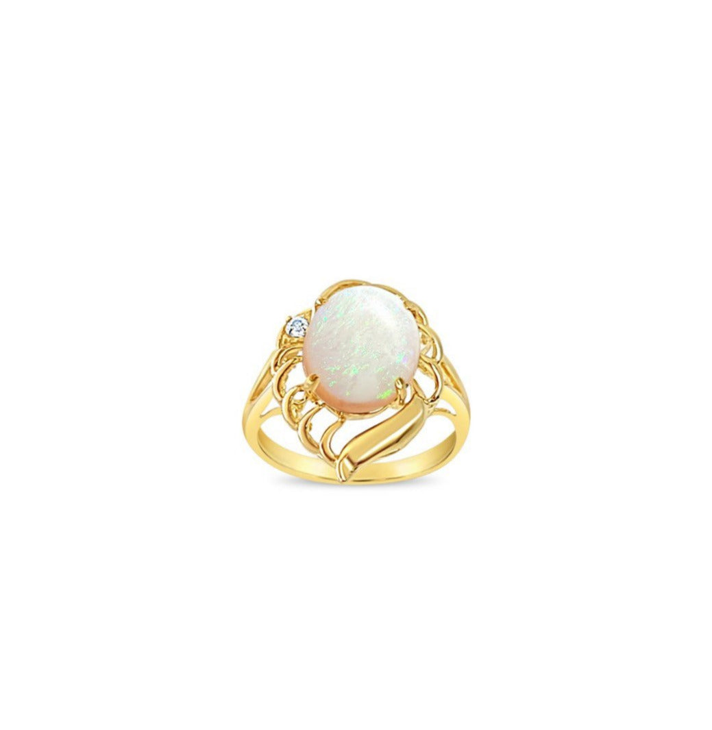 14K Yellow Gold Solitaire Opal Ring for Women - Elegant Birthstone Jewelry Gift for Anniversary, Engagement & Special Occasions