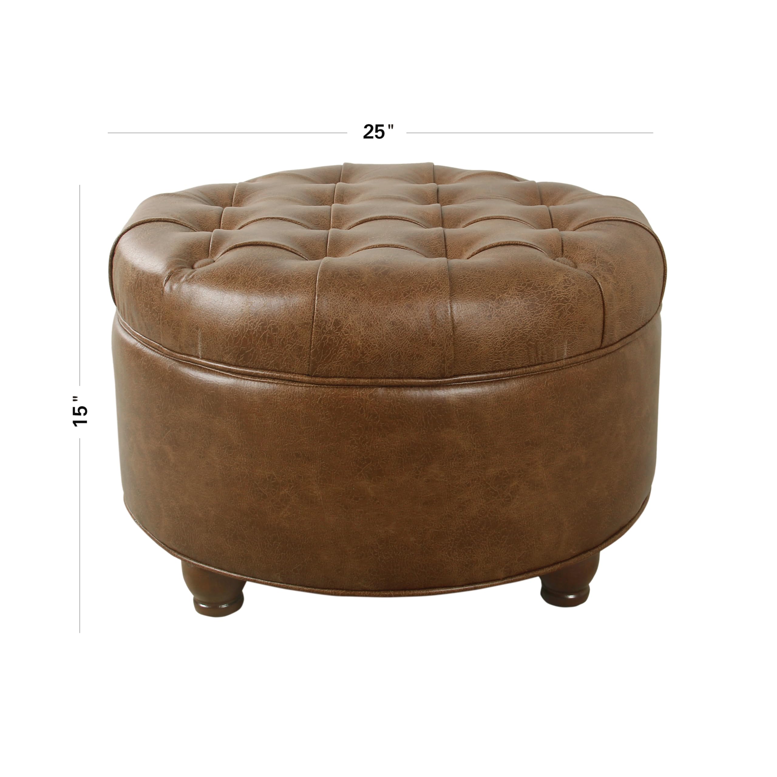 Homepop Button Tufted Faux Leather Round Storage Ottoman - Brown Leather Footrest Stool with Hidden Storage for Living Room, Bedroom & Home Decor | Perfect for Extra Seating, Footrest & Organization