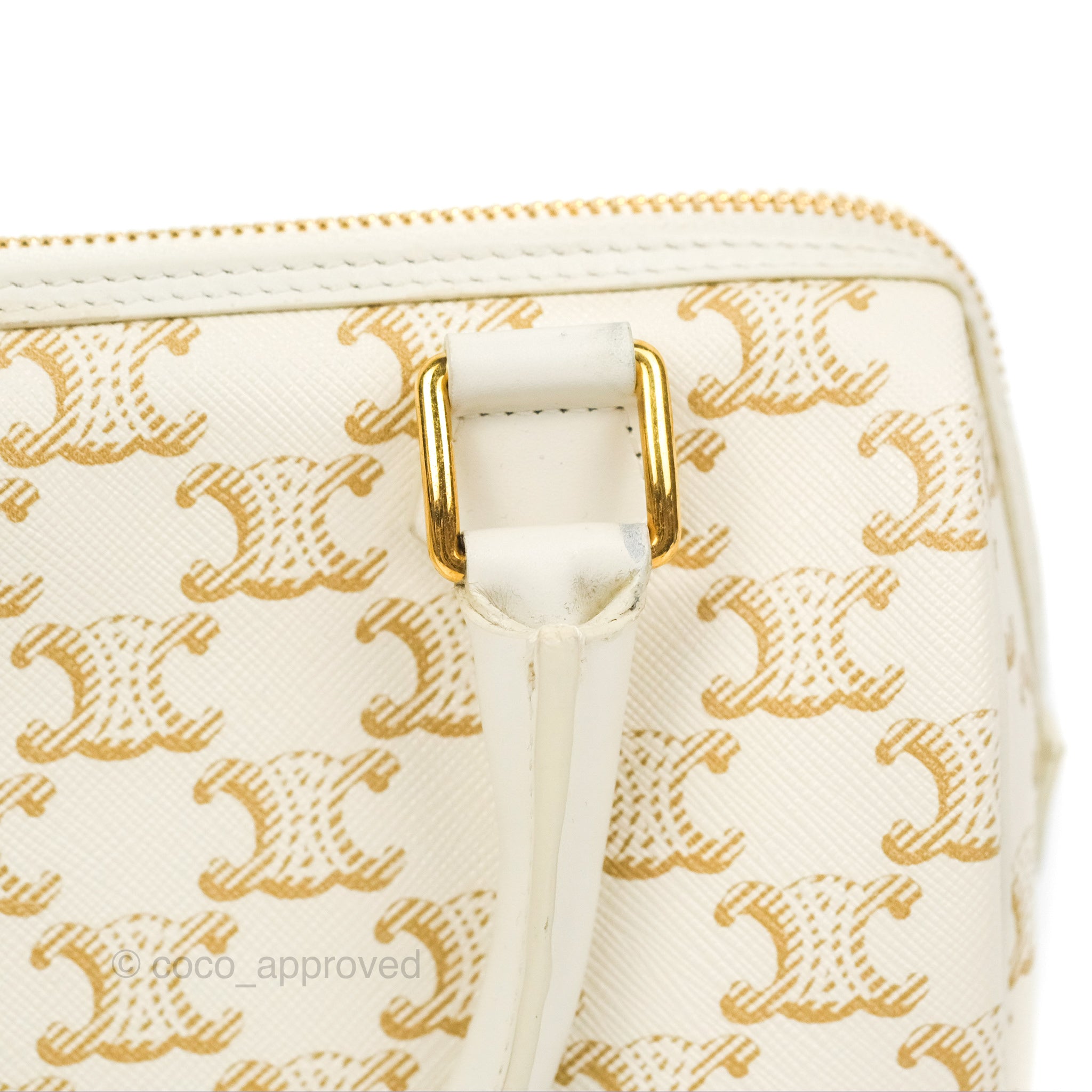 Celine Small Boston Bag in White Triomphe Canvas & Calfskin Leather - Perfect for Work, Travel & Everyday Luxury