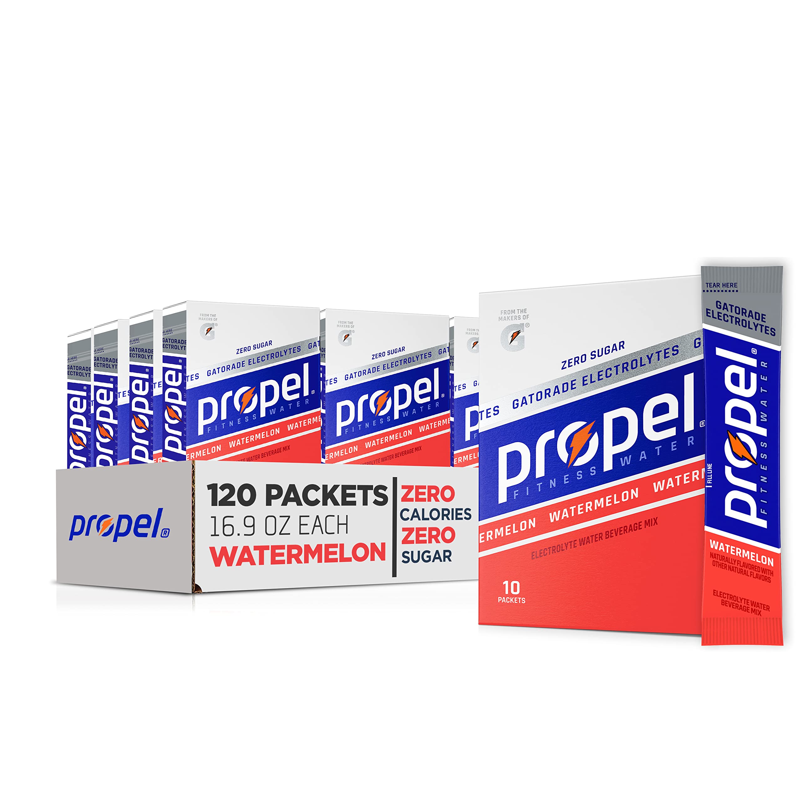Propel Powder Packets - Watermelon Flavored Electrolyte Drink Mix with Vitamins, Zero Sugar, 10 Count (Pack of 12) - Great for Hydration During Workouts, Hiking & Outdoor Activities