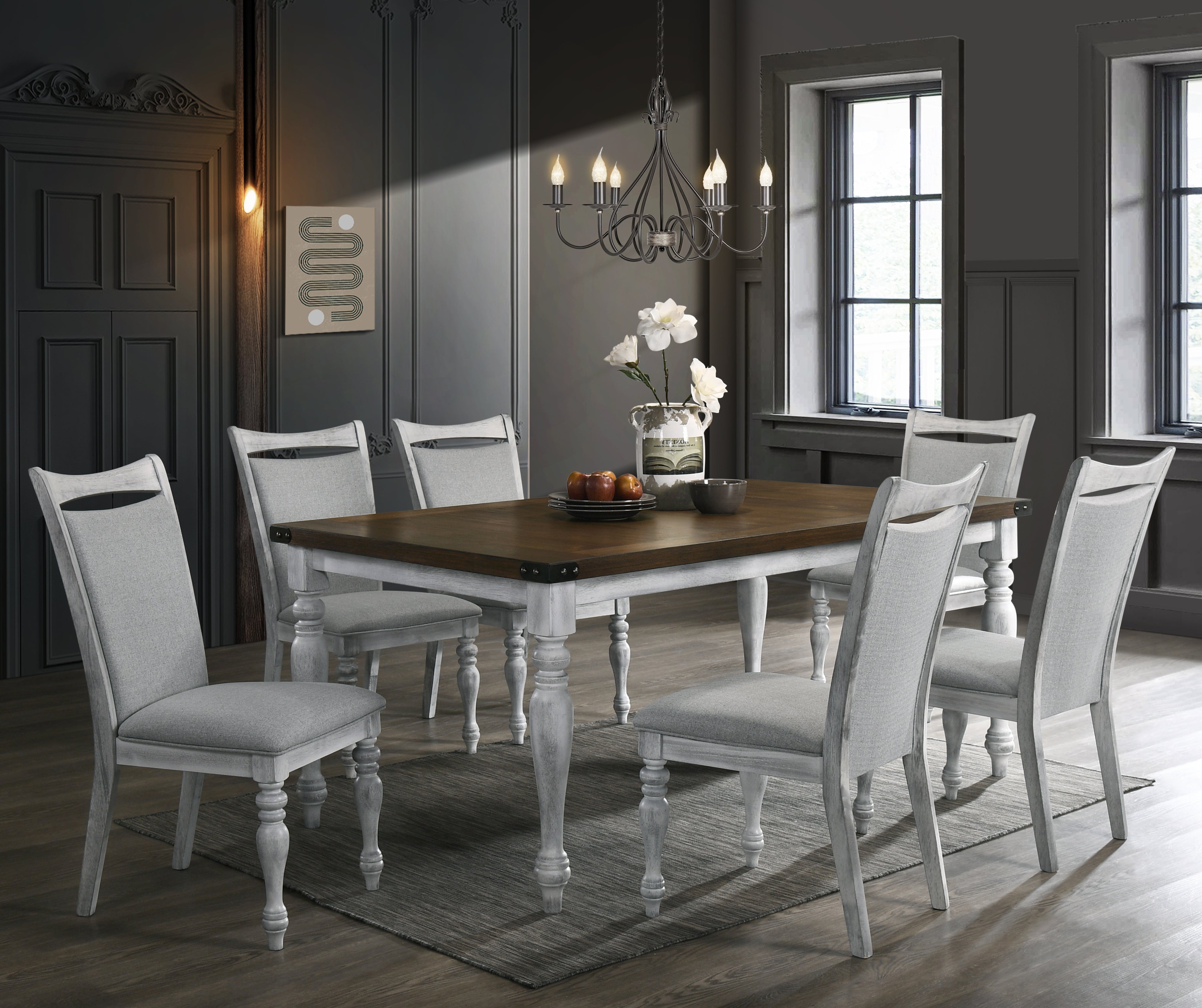 7-Piece Rustic White & Oak Dining Table Set with 6 Upholstered Chairs - Perfect for Farmhouse Kitchens, Dining Rooms & Open-Concept Living Spaces
