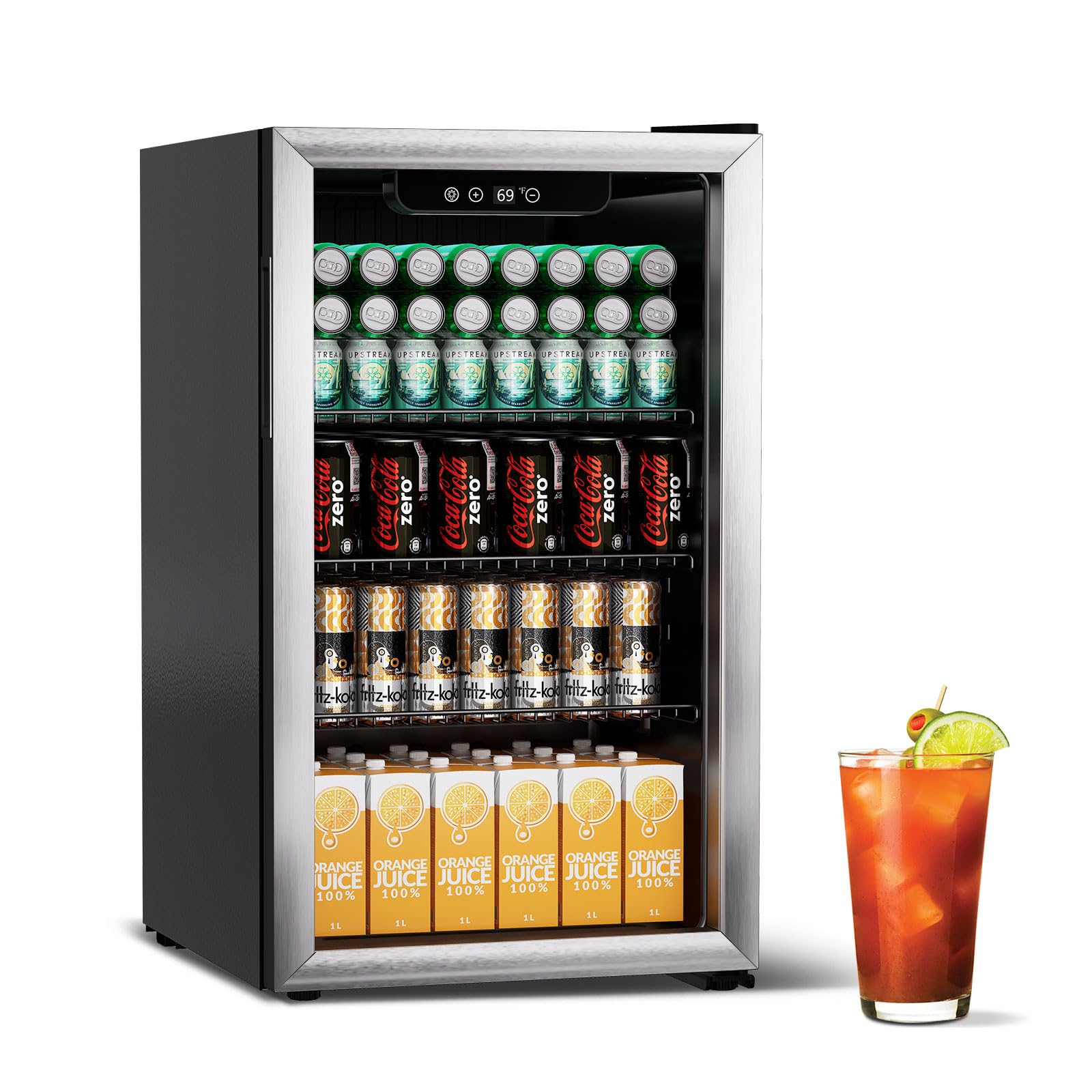3.0 Cu.ft Beverage Refrigerator Cooler - 105 Can Capacity Mini Fridge with Reversible Glass Door & Digital Temperature Control for Beer, Wine, Soda - Adjustable Shelves for Office, Bar, Home, or Dorm Room Use