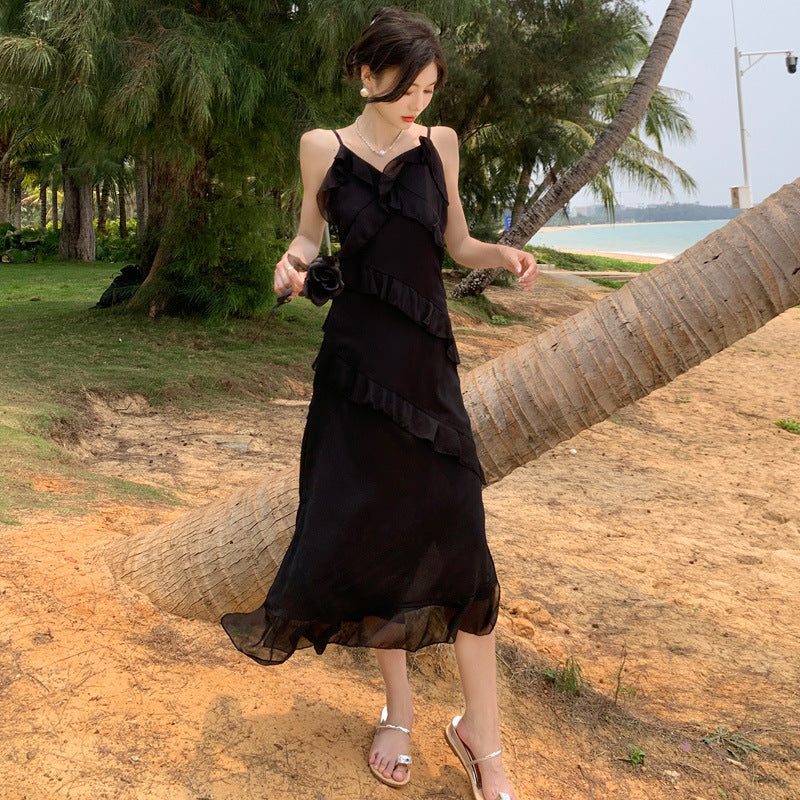 Elegant Black Long Summer Dress with Spaghetti Straps - Perfect for Evening Parties, Beach Vacations & Casual Outings