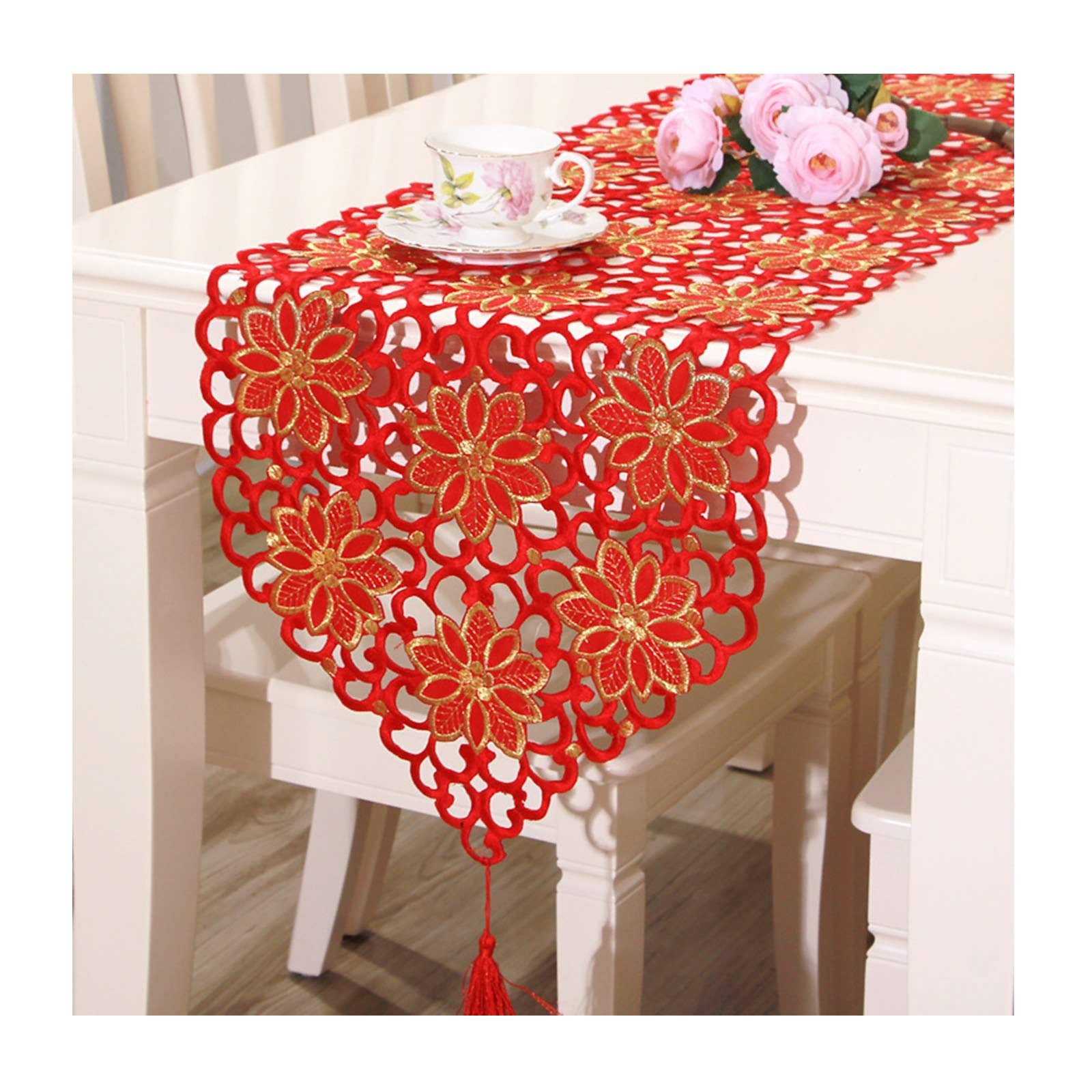 AGOUNOD 16x96 Inch Cotton Table Runner - Embroidered Tassel Hollow Decorative Tablecloth for Holiday, Christmas, Wedding & Dining Room Decor (Red, 40x176 cm) - Perfect for Coffee Tables, Buffets & Special Occasions