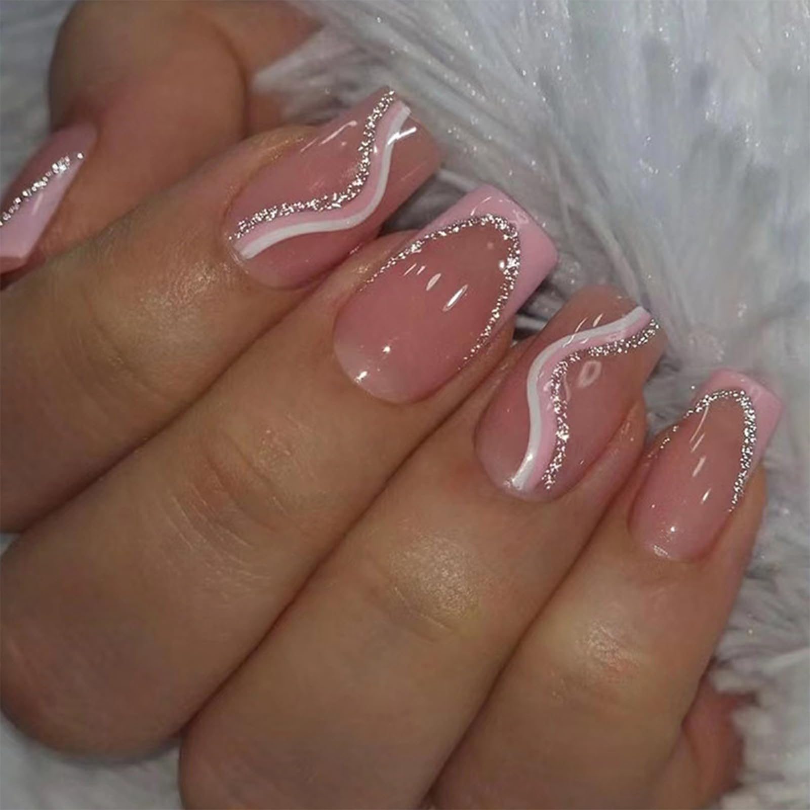RYMAUP® 24pcs Medium Square Press on Fake Nails - Rose White Ombre with Silver Glitter & Wavy Design - Includes Nail Glue - Perfect for Parties, Weddings, Date Nights & Special Occasions