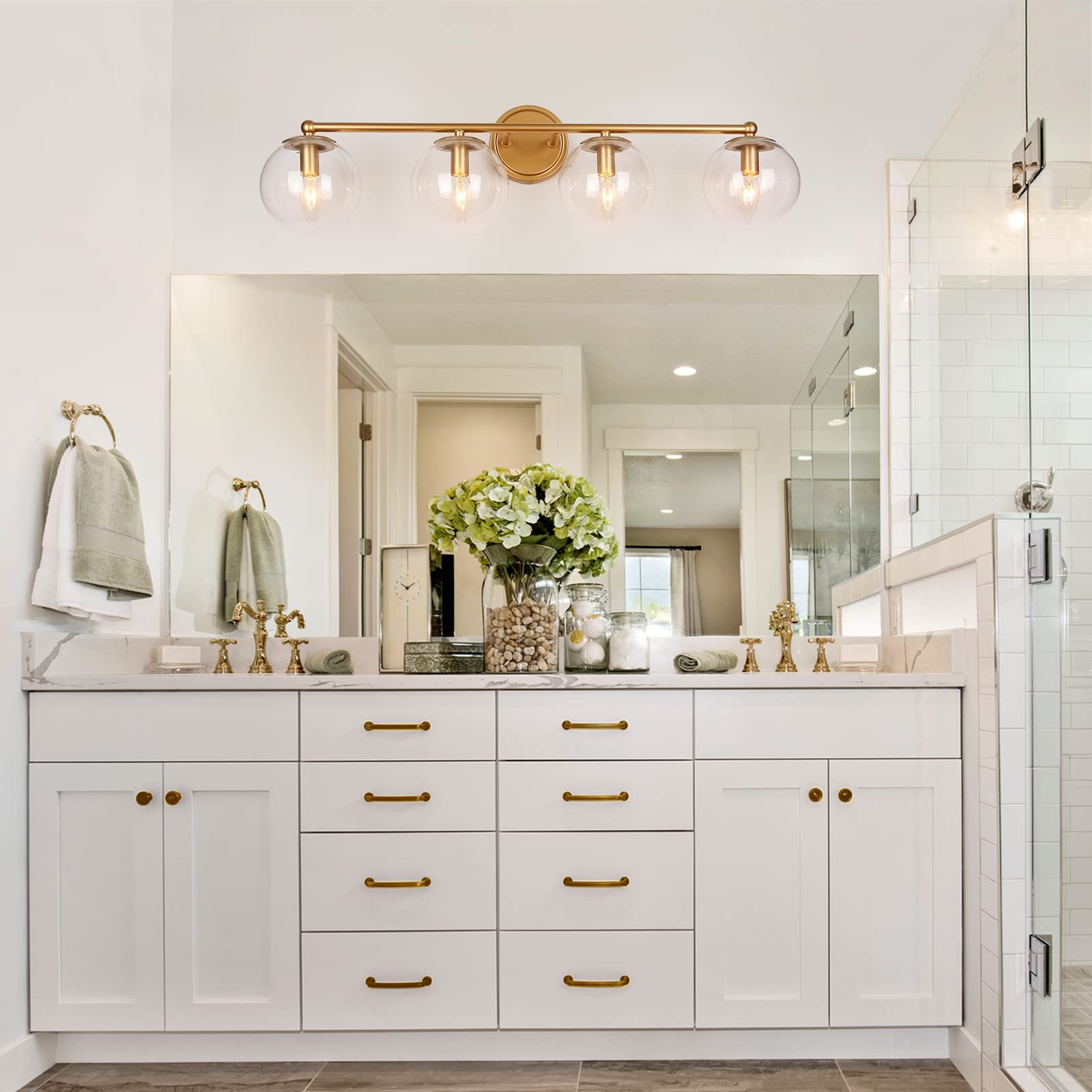 24K Gold Bathroom Light Fixtures - 4-Light Modern Vanity Lights with Clear Glass Shade for Bathroom, Hallway, Dressing Room - 29.5