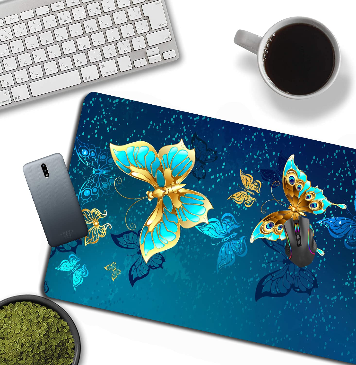 Golden Butterfly Large Extended Mouse Pad - Non-Slip Rubber Base Computer Keyboard Mat for Laptop & PC Gaming, Office Work & Home Use Desk Accessories