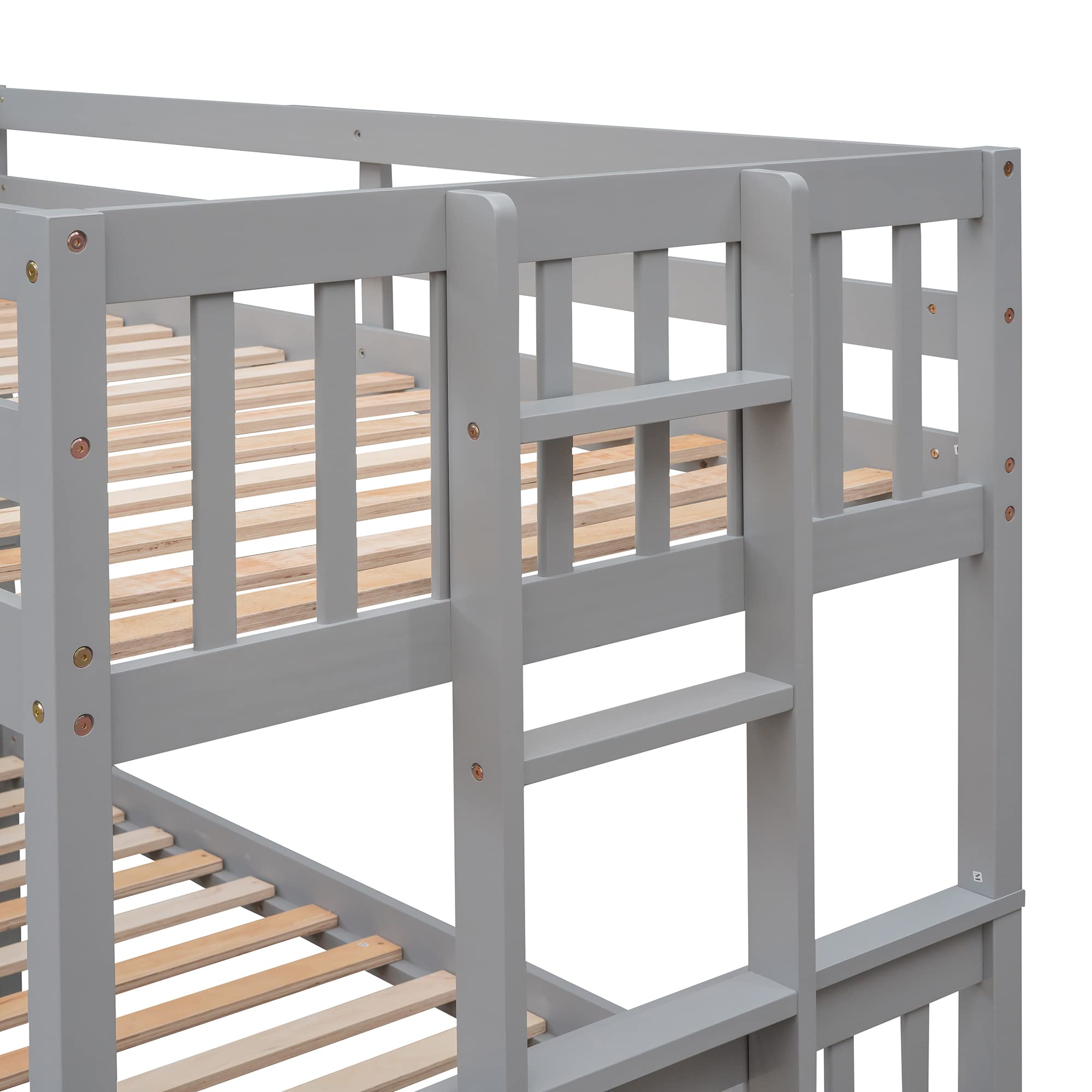 Merax Twin Over Full Bunk Bed with Twin Trundle & 3 Storage Drawers - Solid Wood Bunk Bed Frame with Ladder in Grey | Space-Saving Kids Bedroom Solution for Siblings or Sleepovers