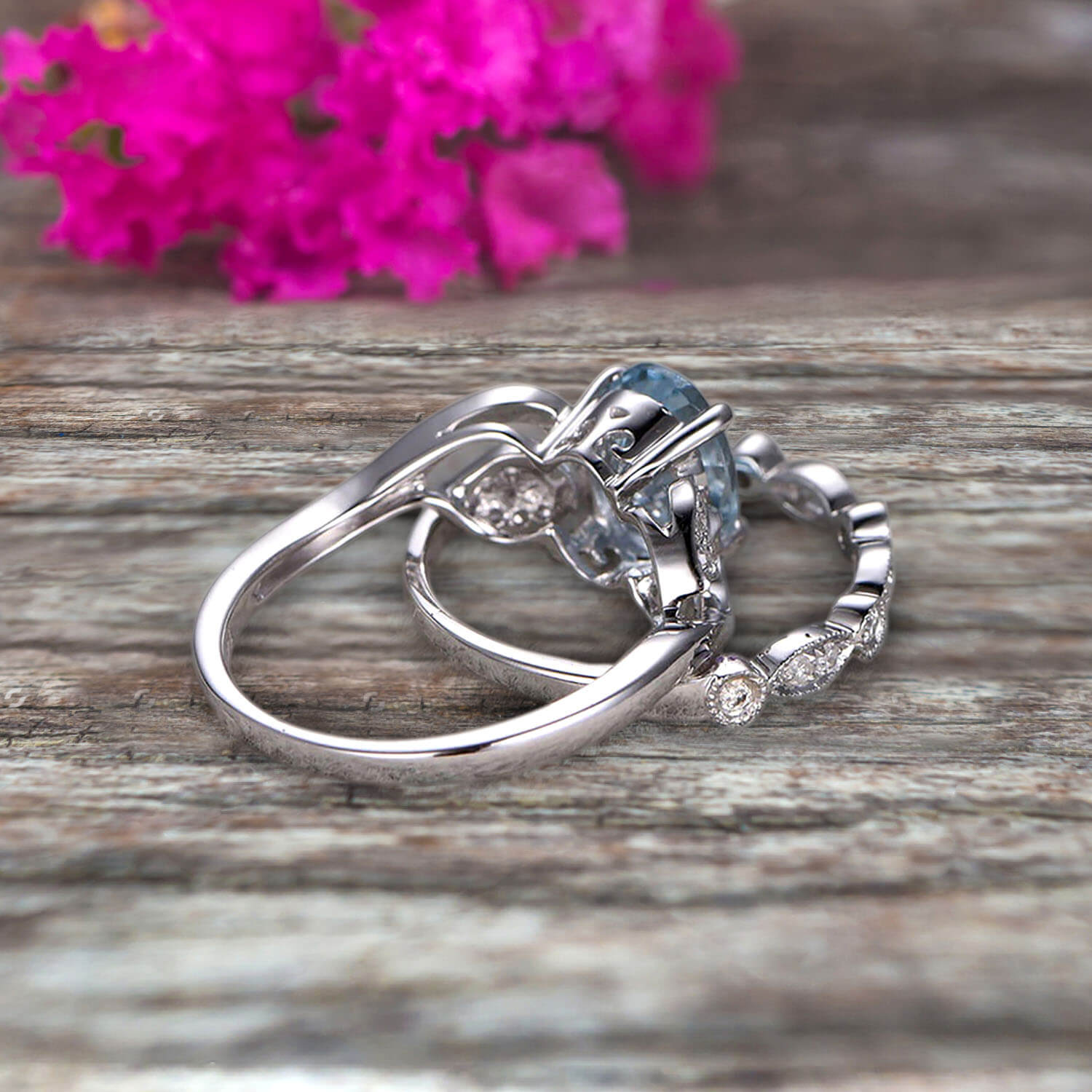 1.50 Carat Oval Aquamarine & Moissanite Wedding Ring Set in 10K White Gold - Vintage Art Deco Bridal Stacking Rings for Engagement, Anniversary & Special Occasions