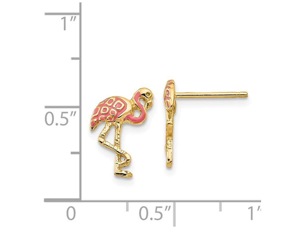 14K Yellow Gold Pink Enamel Flamingo Charm Post Earrings for Women - Dainty Floral Bird Stud Earrings for Everyday Wear, Gift Giving & Special Occasions