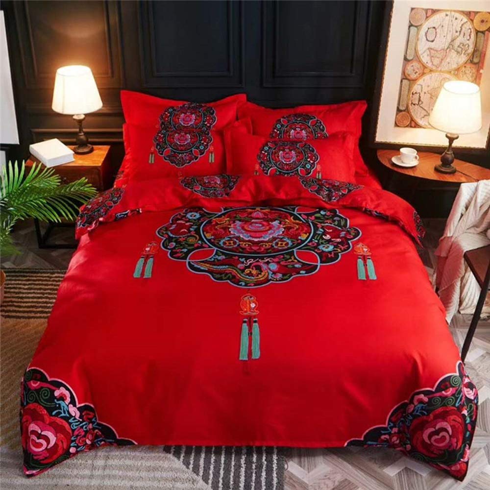Premium King Size Bedding Set - Thickened Plant Cashmere, Red Chinese Style Print 4-Piece Comforter Set for Luxurious Sleep & Home Decor